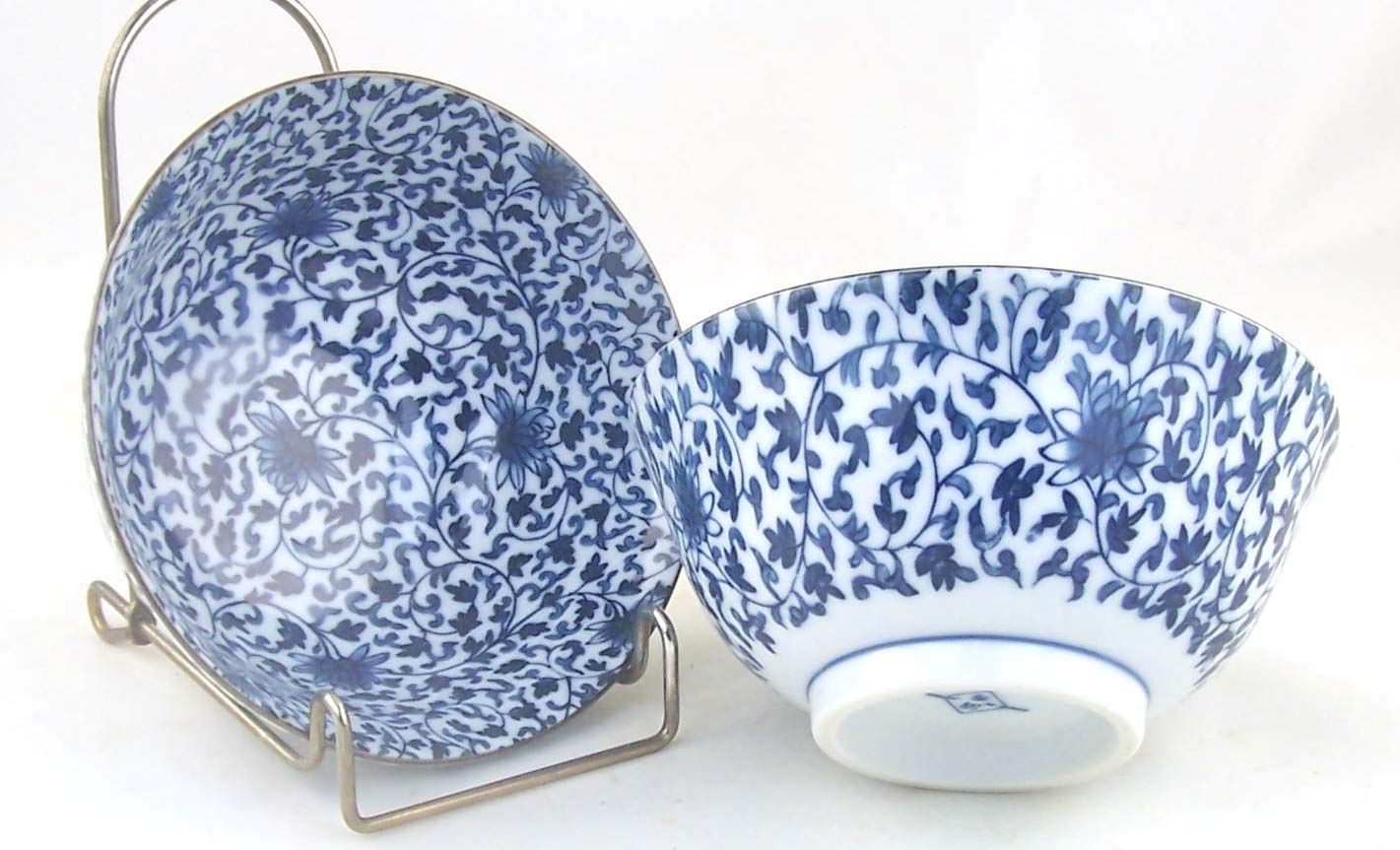 Japanese Sometstuke Fine China Bowls - Set of 2 Blue Floral Chintz Rice Cereal Pasta Soup Noodles Bowls - Perfect for Asian Cuisine, Home Dining & Gift Giving