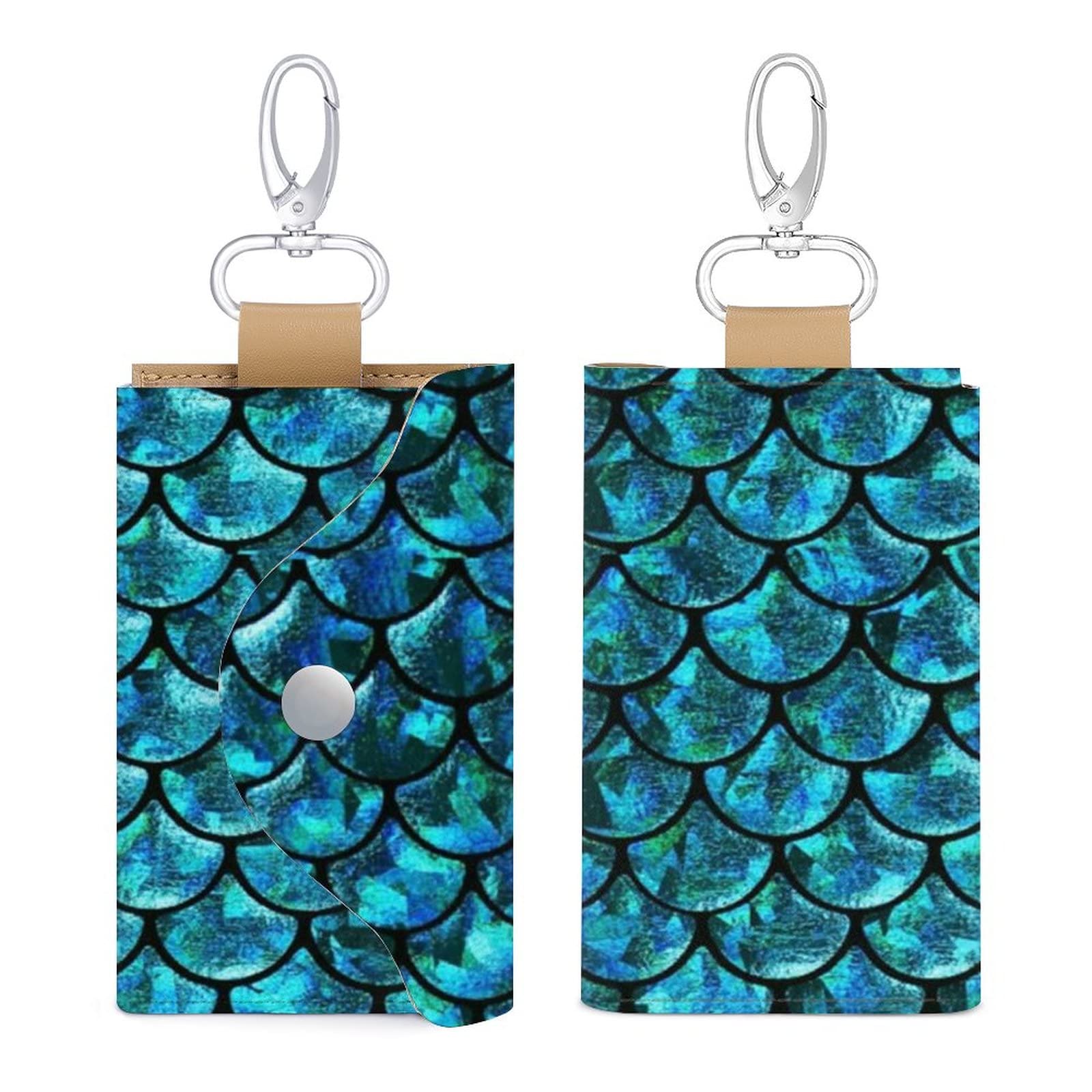 Mermaid Green Scales Printed Key Holder Bag - 6 Hooks Keychain Organizer with ID Card Protector for Men & Women | Perfect for Home, Office, Gym & Travel Accessories Storage