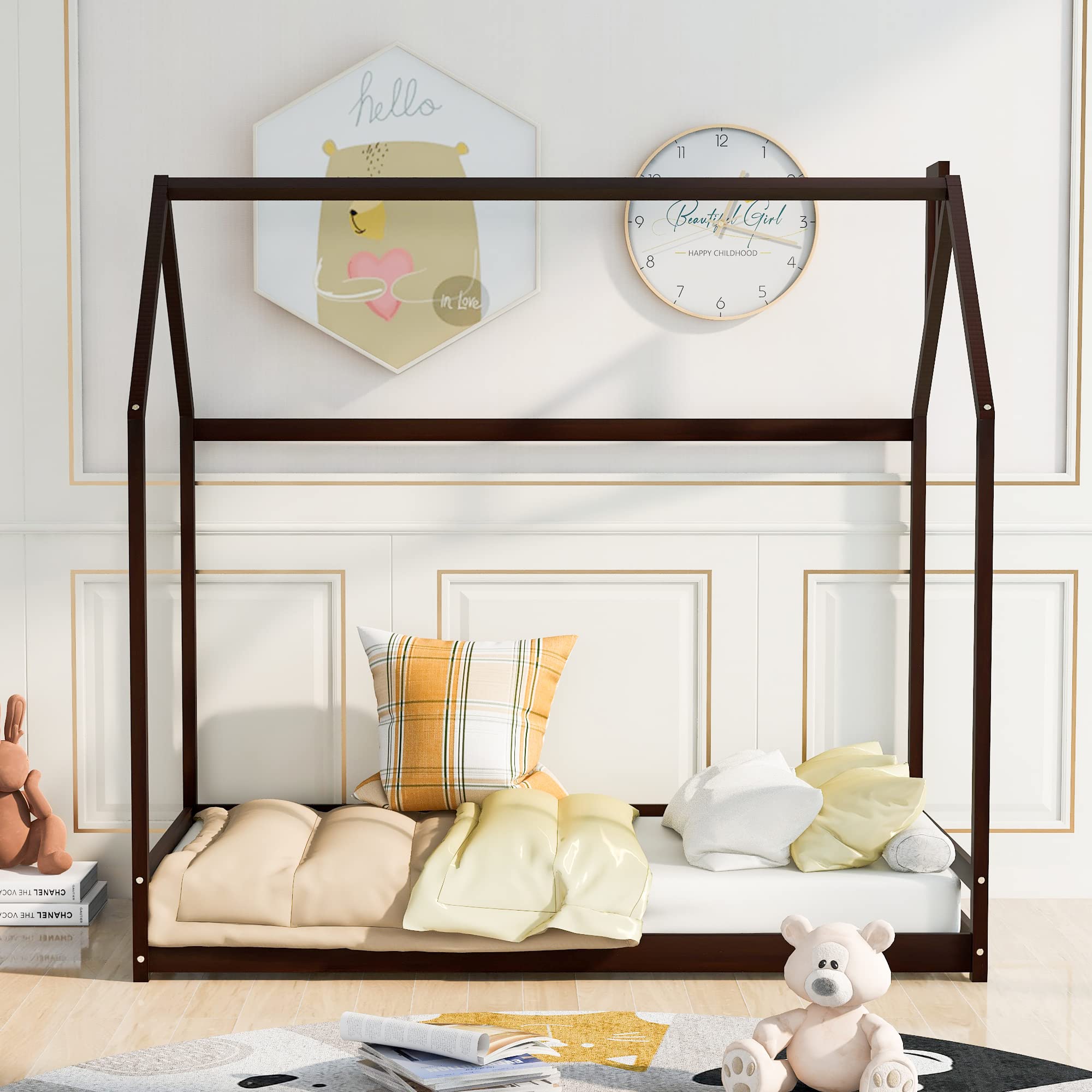 Twin Size Wooden House Bed Frame - Espresso House-Shaped Floor Bed for Teens & Adults, No Box Spring Needed - Perfect for Bedrooms, Dorms & Kids' Rooms