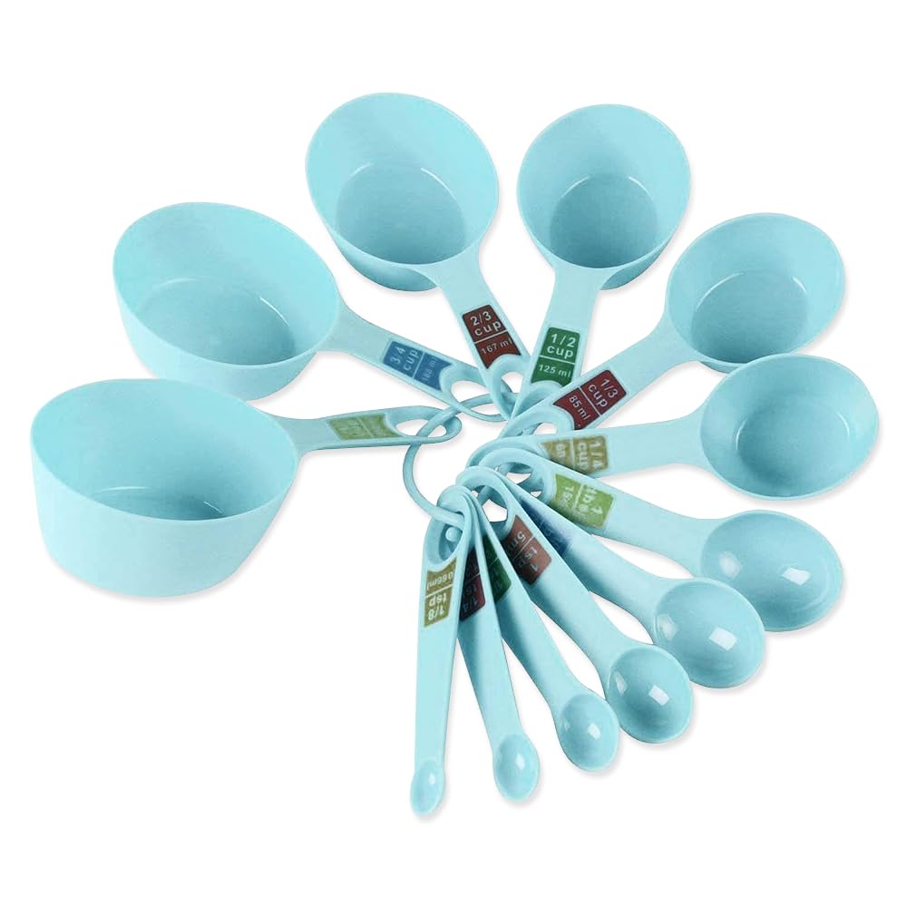 Sky Blue Measuring Cups and Spoons Set - 12 Piece Plastic Baking Tools for Cooking, Cake Decorating & Kitchen Measurements | Perfect for Home Bakers & Professional Chefs