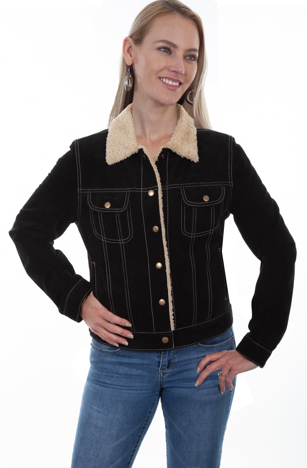 Stylish Black Boar Suede Women's Denim Jacket - Casual Outerwear for Fall & Spring Fashion