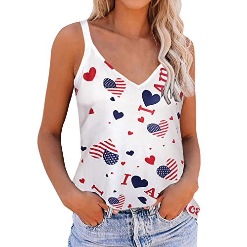 Women's Sleeveless Low-Cut Workout Tops - 4th of July Printed Athletic Tank Tops for Gym, Running & Yoga - Breathable Casual Sports Vest for Women (White, XXL)