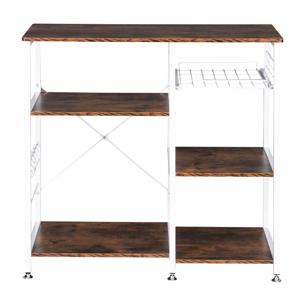 **Industrial Kitchen Baker's Rack - Utility Storage Shelf, Microwave Oven Stand with Metal Frame & Wood Look - Coffee Bar Organizer with Wire Basket & S Hooks (Retro Brown/White) - Perfect for Small Kitchens, Bakeries & Coffee Stations**