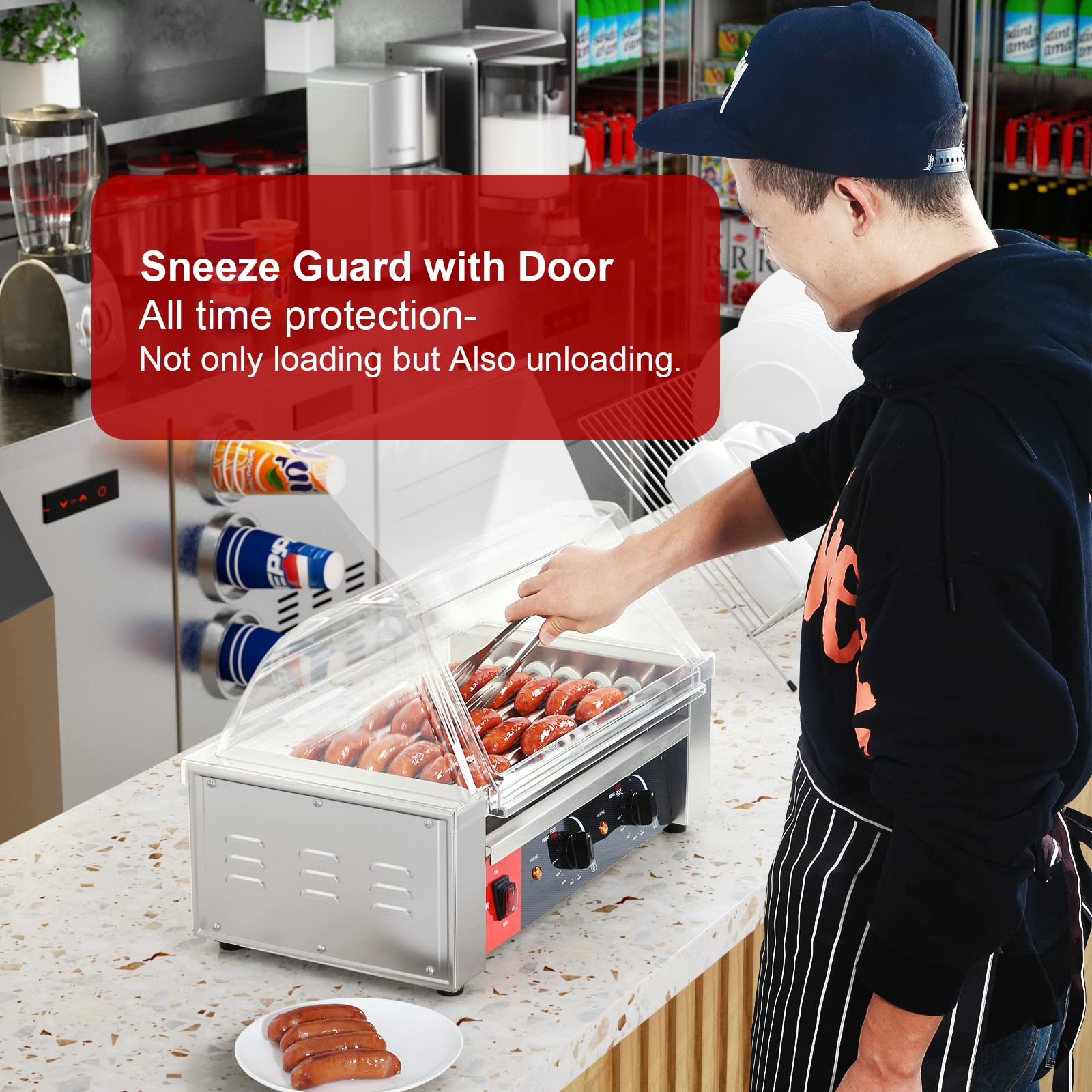 Commercial Hot Dog Cooker Machine - 7 Roller Grill with Transparent Sneeze Guard, Nonstick 304 Stainless Steel Rollers & Dual Temperature Control (120V, 1050W) for Restaurants, Food Trucks, and Convenience Stores