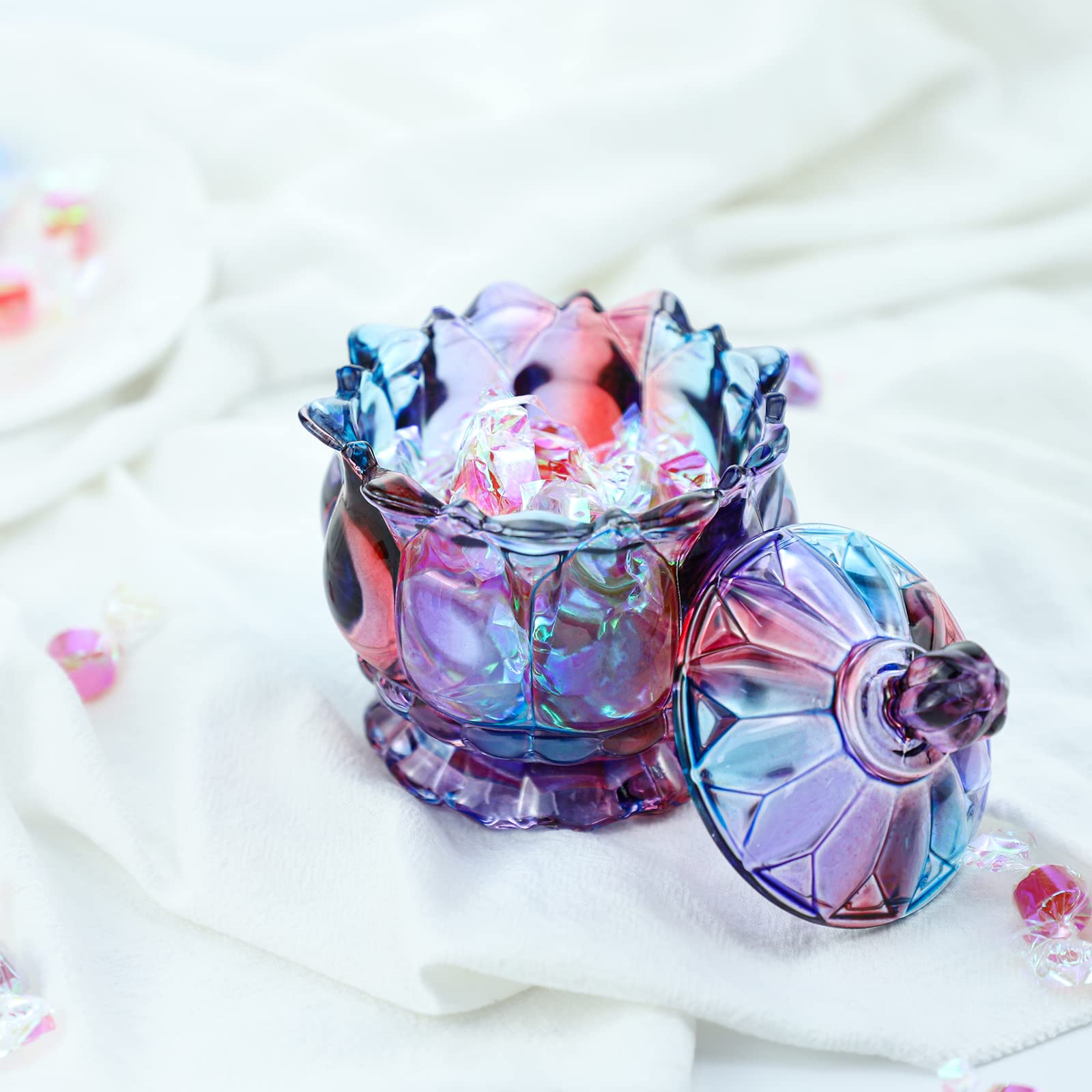 Royal Embossed Clear Glass Apothecary Jar with Lid - 7oz Wedding Candy Buffet Container, Crystal Jewelry Storage Box, Food Storage Jar (Flower Purple) - Perfect for Party Decor, Candy Display, Bathroom Organizer & Home Decor