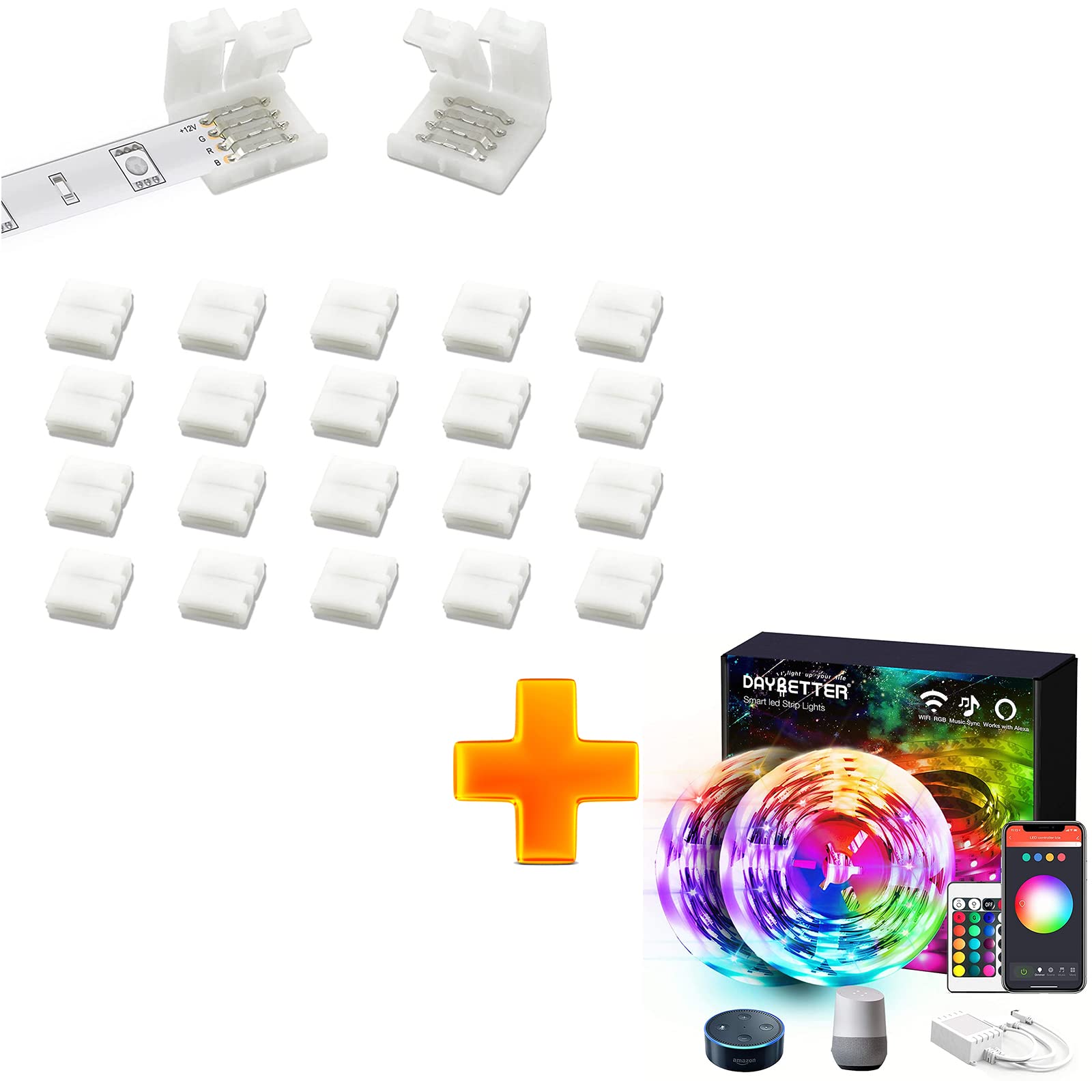 DAYBETTER 50ft Smart LED Strip Lights with Tuya WiFi App Control - RGB Color Changing Lights with 20 Pcs 4 Pin Connectors for SMD 5050 LED Strips - Perfect for Bedroom, Kitchen, TV Backlight & Home Decor
