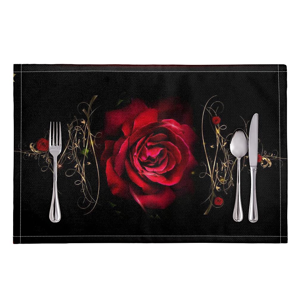 Jeiento Art Rose Placemats Set of 4 - Heat & Stain Resistant, Anti-Skid PVC Table Mats for Dining, Kitchen, and Party Decor - Washable & Durable Vinyl Placemats for Home & Restaurant Use