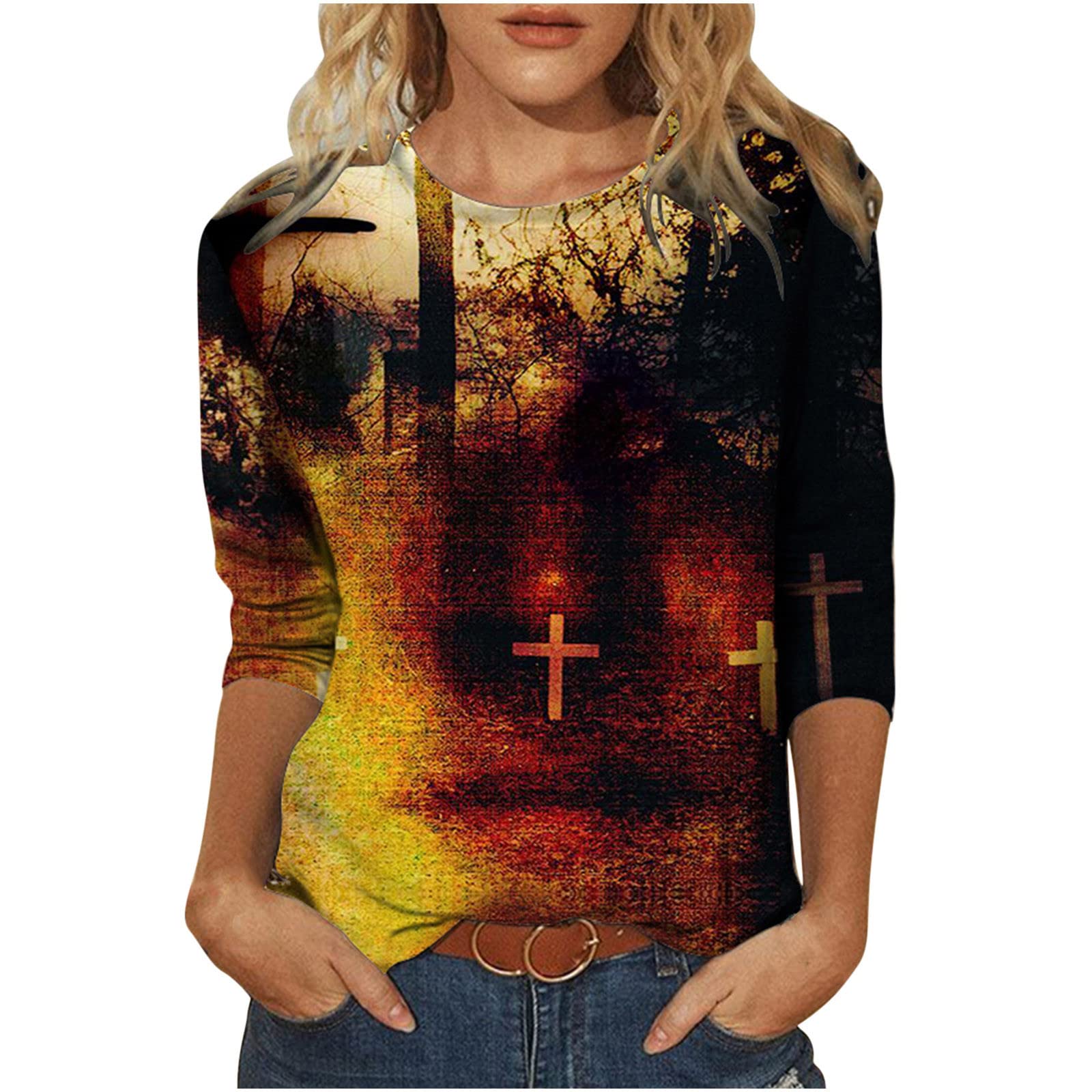 Ylioge Women's Classic Cross Printed Long Sleeve Crewneck Blouse - Comfortable Novelty Tops for Casual Wear, Office & Date Night Outfits
