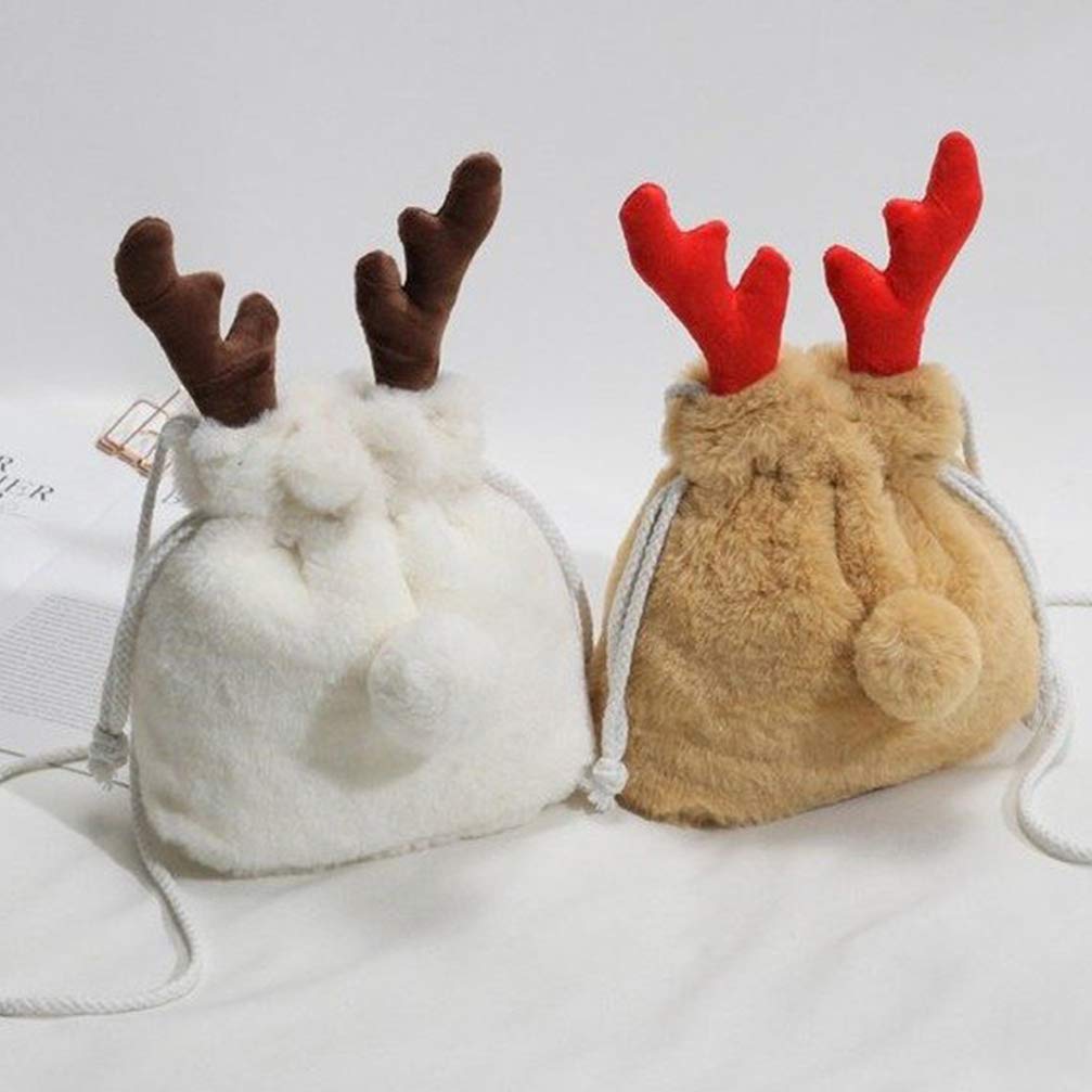 Trendy Faux Fur Crossbody Bag with Reindeer Antler Design - Stylish Drawstring Bucket Purse for Women & Girls | Perfect for Winter Outfits, Holiday Parties & Casual Daily Use