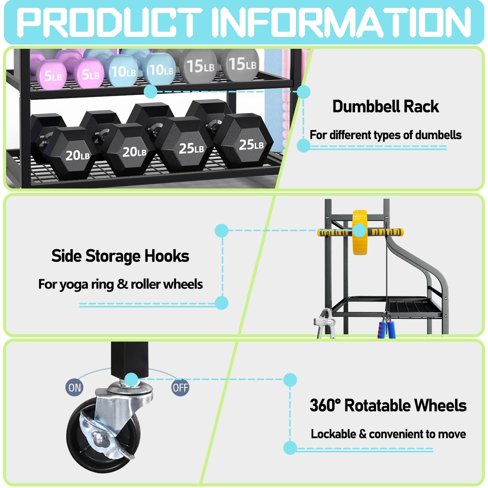 Heavy Duty Adjustable Weight Rack for Dumbbells & Kettlebells - 450 lbs Capacity Home Gym Storage Organizer with Wheels & Hooks - Perfect for Yoga Mats, Exercise Balls & Fitness Equipment Storage - Ideal for Home Gym, Garage Workout Space & CrossFit Studios