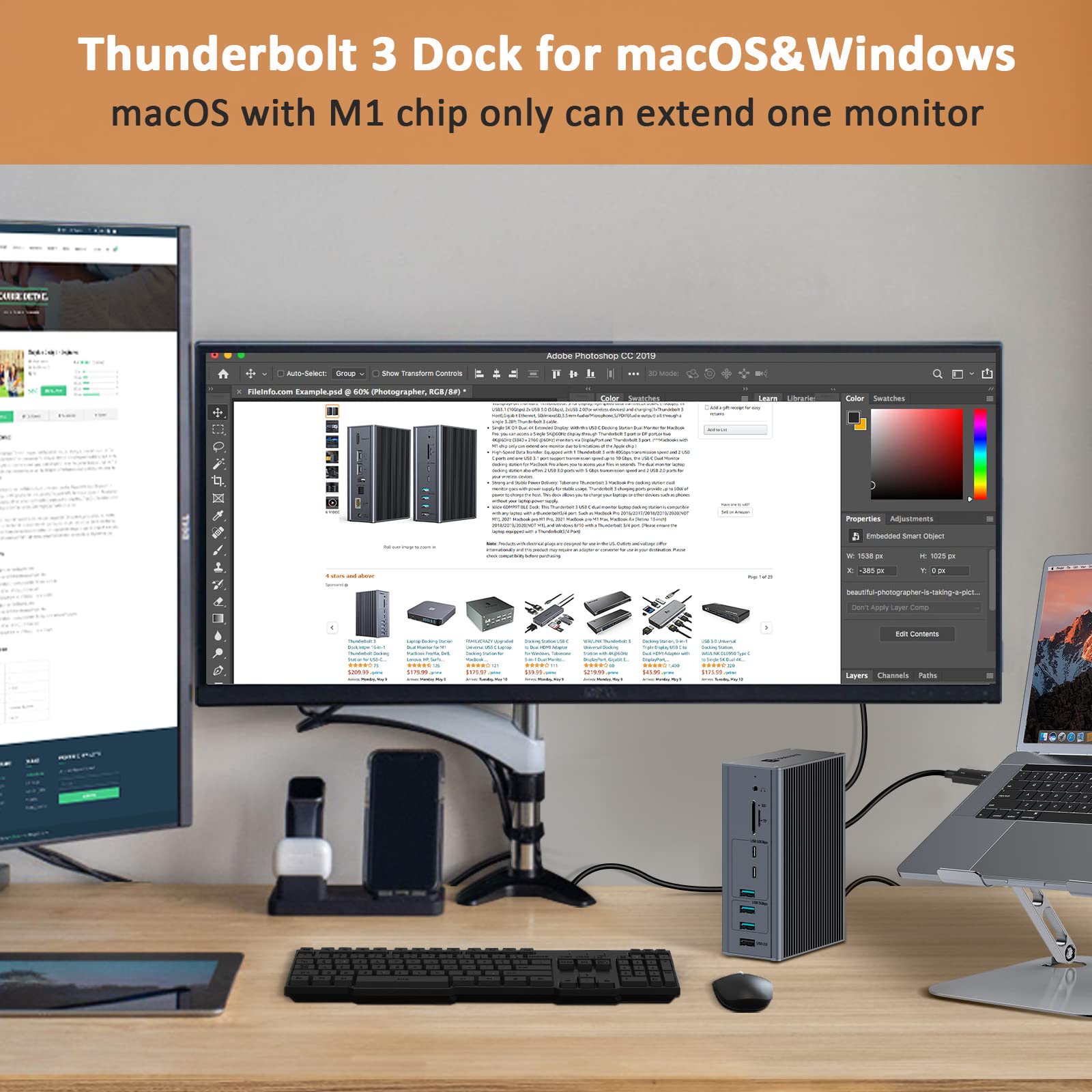 TOBENONE Thunderbolt 3 Docking Station - 16-in-1 USB-C Hub with Dual 4K@60Hz Display, Power Delivery, 40Gbps Speed for MacBook Pro, Dell, Lenovo, HP Laptops - Ideal for Home Office, Gaming & Multi-Monitor Setup