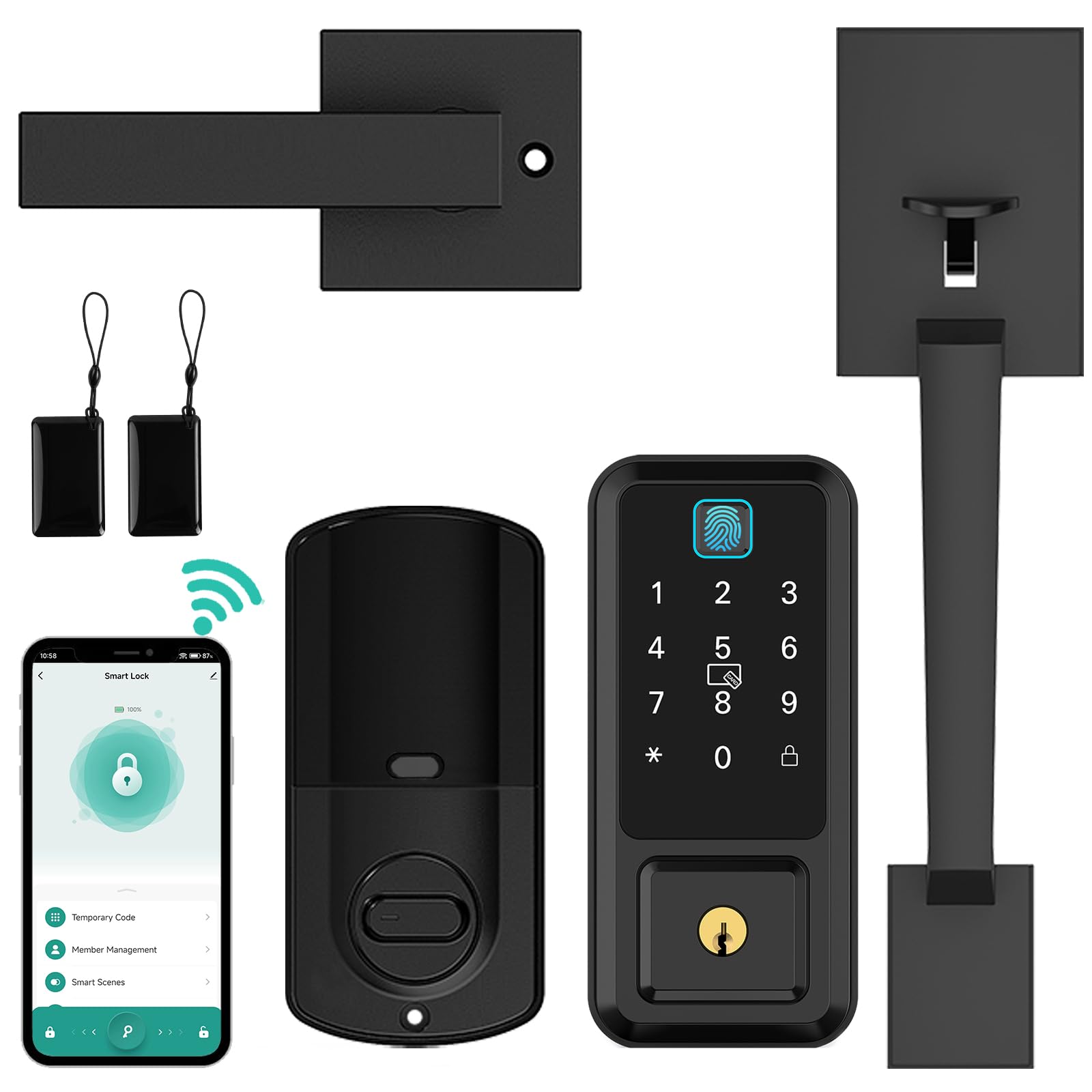 Butimu Smart WiFi Front Door Lock Set - Fingerprint, Keyless Entry & Keypad Door Lock with Handle - Alexa Compatible Auto Lock for Home Security (Black) - Perfect for Smart Homes, Apartments & Vacation Rentals