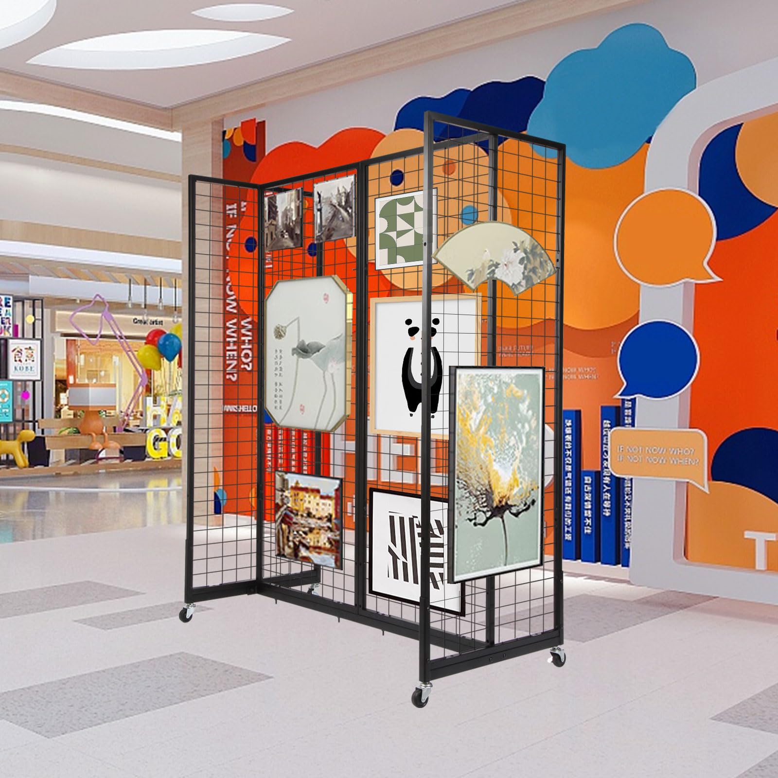 4-Piece 2'x5' Grid Wall Panels with Wheels - Heavy Duty Grid Gondola Display Unit for Craft Shows, Art Exhibits & Retail Stores - Black Gridwall Stand for Versatile Merchandising & Product Display