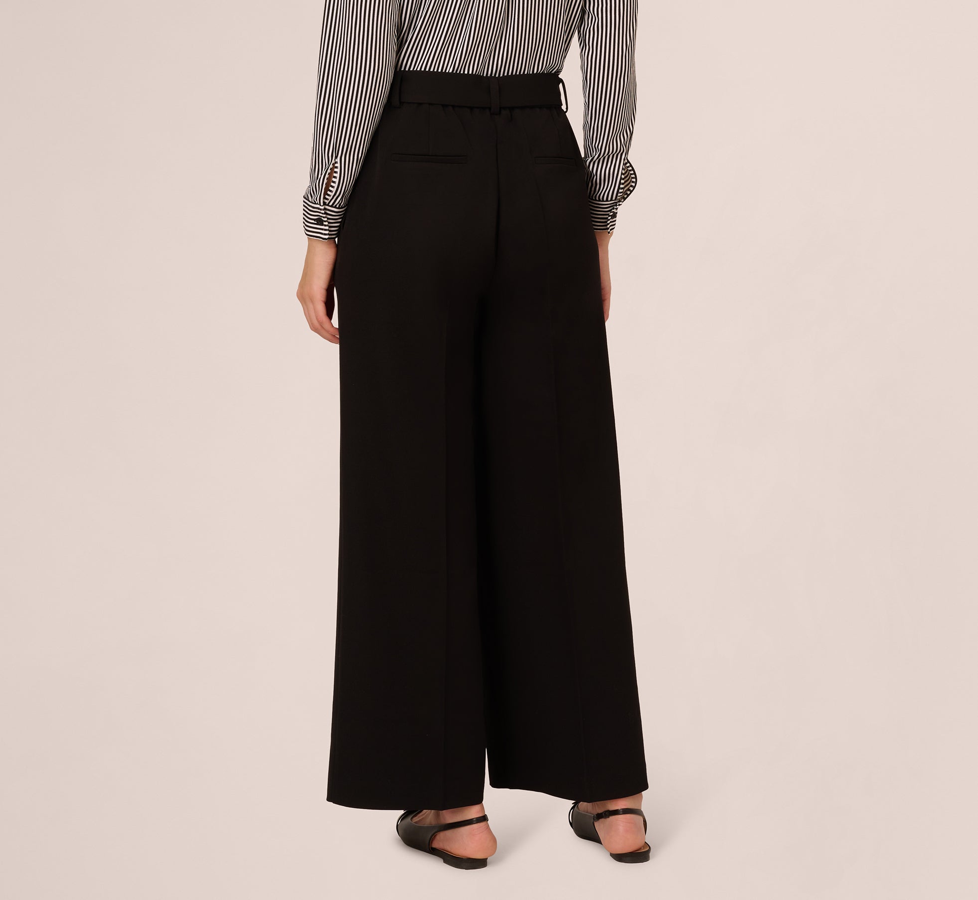 Black Twill Zip Fly Belted Wide Leg Pants for Women - Comfortable & Stylish High Waist Trousers for Work, Office, and Casual Wear