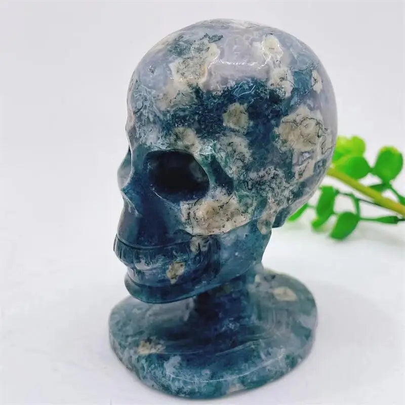 Natural Moss Agate Skull Carving - Handmade Gemstone Wizard Decor for Home, Office & Meditation | Healing Crystal Collection | Unique Spiritual Gift for Men & Women (1 Piece) | Perfect for Yoga Rooms, Altars & Gothic Decor