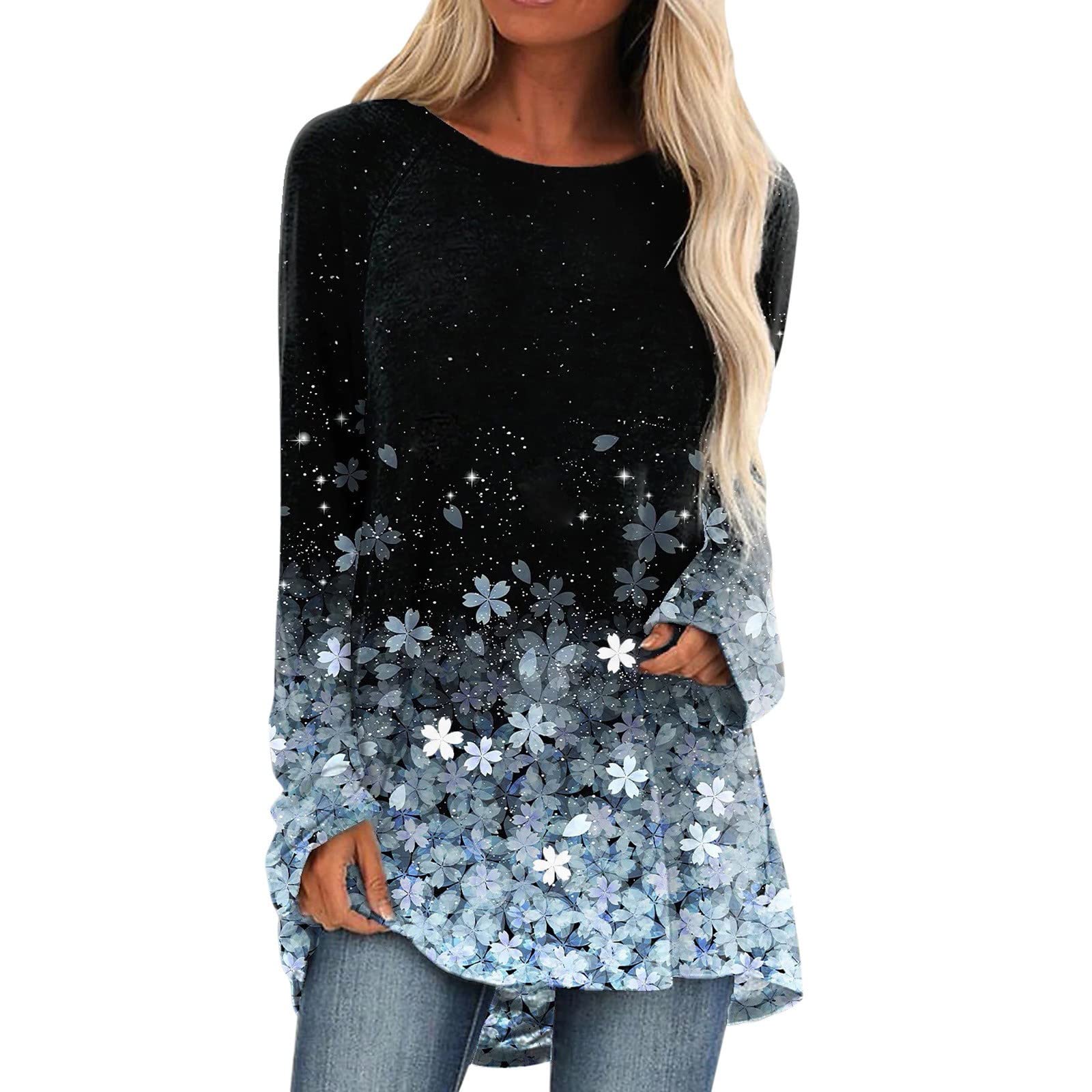 Fangren Women's Casual Summer Long Sleeve Crewneck Blouse - Floral Print Loose Fit T-Shirt Top for Everyday Wear, Office & Outings
