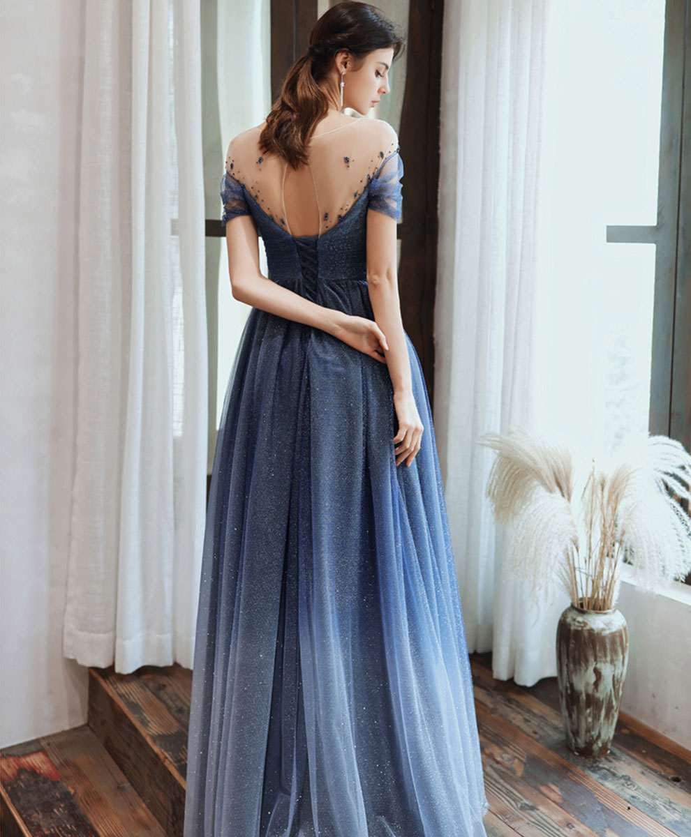 Elegant Blue Tulle Off-Shoulder Sequin Long Prom Dress - Formal Evening Gown for Homecoming, Ball & Special Occasions