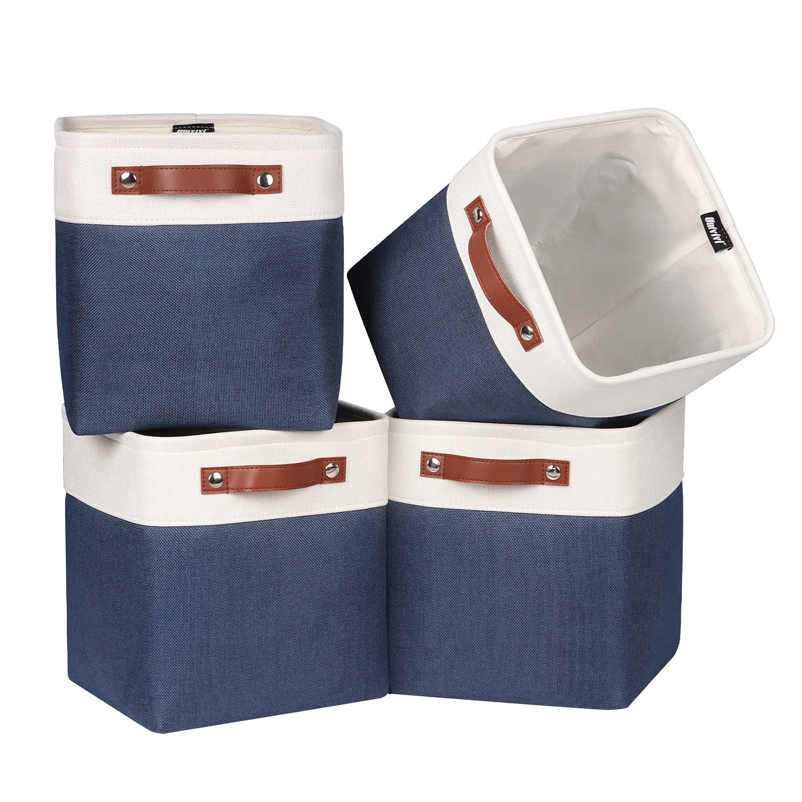 Univivi 4-Pack Fabric Storage Bins with PU Handles - Foldable Closet Organizer Baskets, 10.5x10.5x11 Inches, Blue - Perfect for Bedroom, Nursery, Office & Pantry Organization