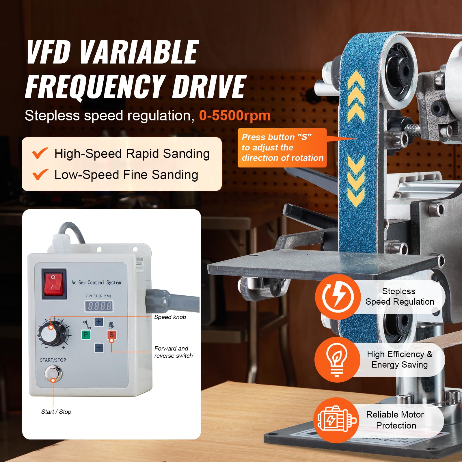 VEVOR 30 x 1-Inch Variable Speed Belt Grinder Sander with VFD, 550W Metal Polishing & Grinding Machine - Includes 2 Grinding Moulds & 3 Sanding Belts for Knife Making, Metalworking, Woodworking & DIY Projects