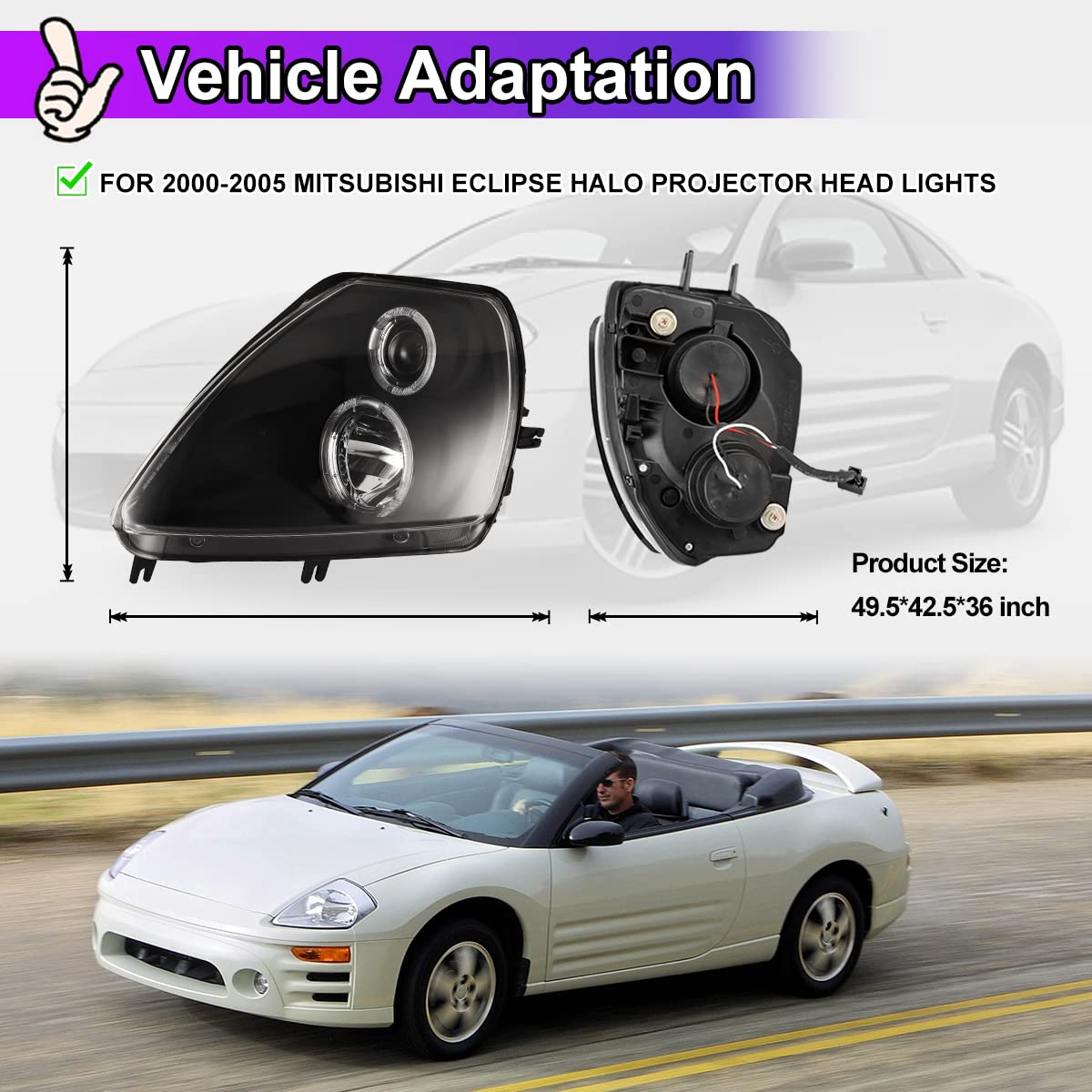 Nixon Offroad LED Headlights Assembly for Mitsubishi Eclipse 2000-2005 - High/Low Beam Projector Headlights with DRL & Turn Signal - 1 Pair Matte Black Housing & Clear Lens - Perfect for Night Driving & Off-Road Adventures