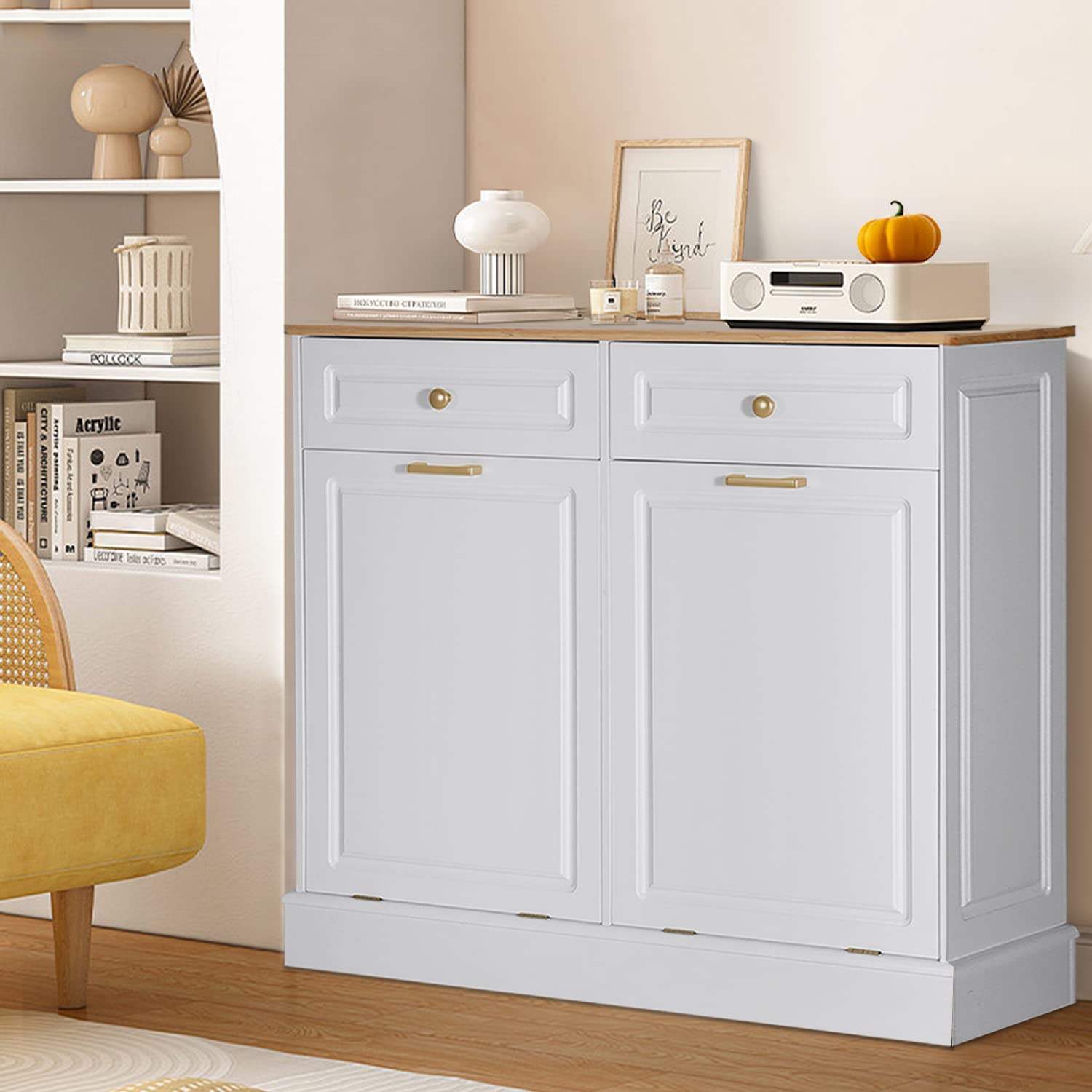 Anbuy Double Kitchen Trash Cabinet - Dual Tilt Out Design with 2 Wood Hideaway Holder Drawers, Freestanding Recycling Bin Organizer (Upgrade White) - Perfect for Small Kitchens, Pantries & Eco-Friendly Homes