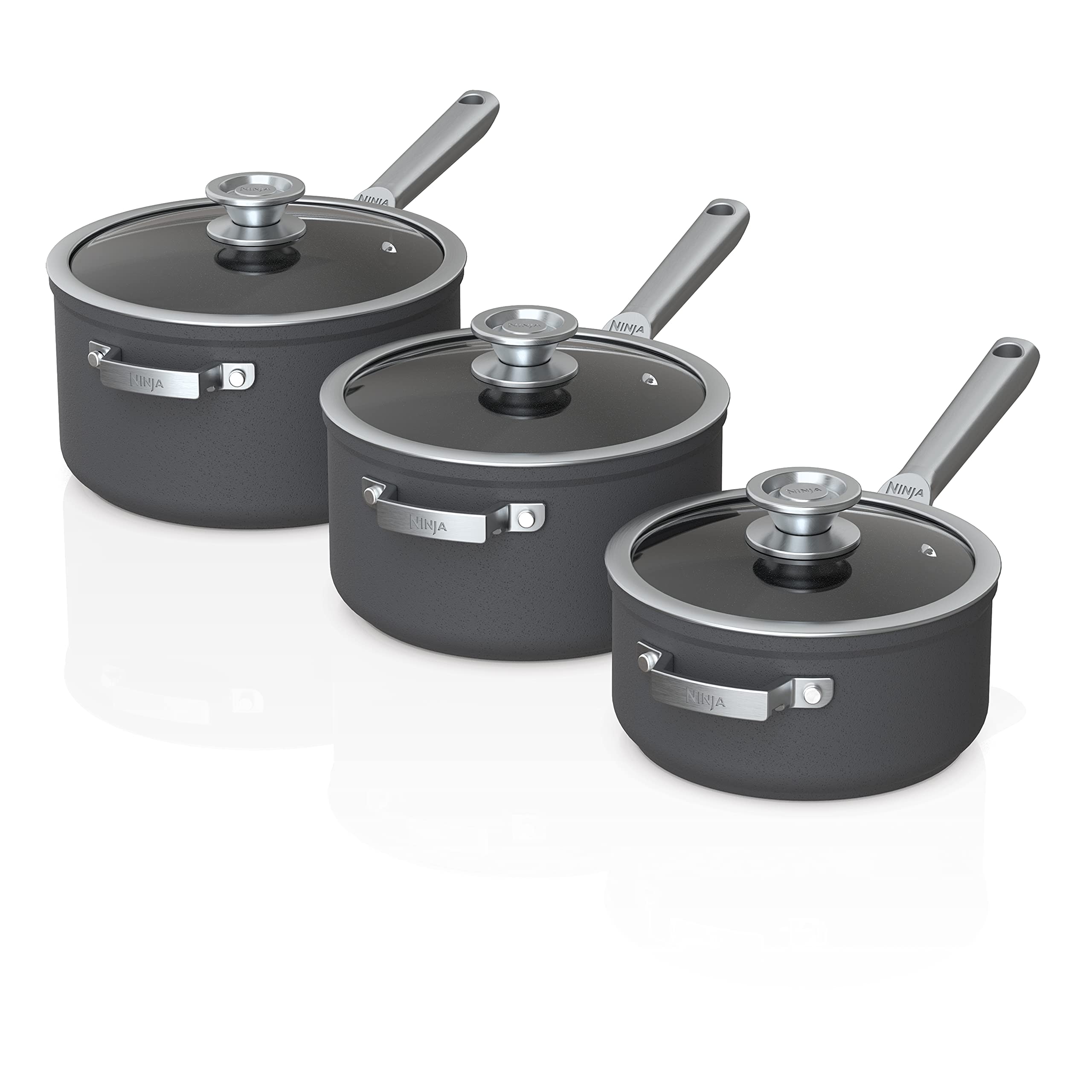 Ninja Foodi NeverStick Premium 6-Piece Hard-Anodized Nonstick Saucepan Set with Glass Lids | Scratch-Resistant Nesting System | Oven Safe to 500°F | Slate Grey | Perfect for Cooking, Baking & Meal Prep