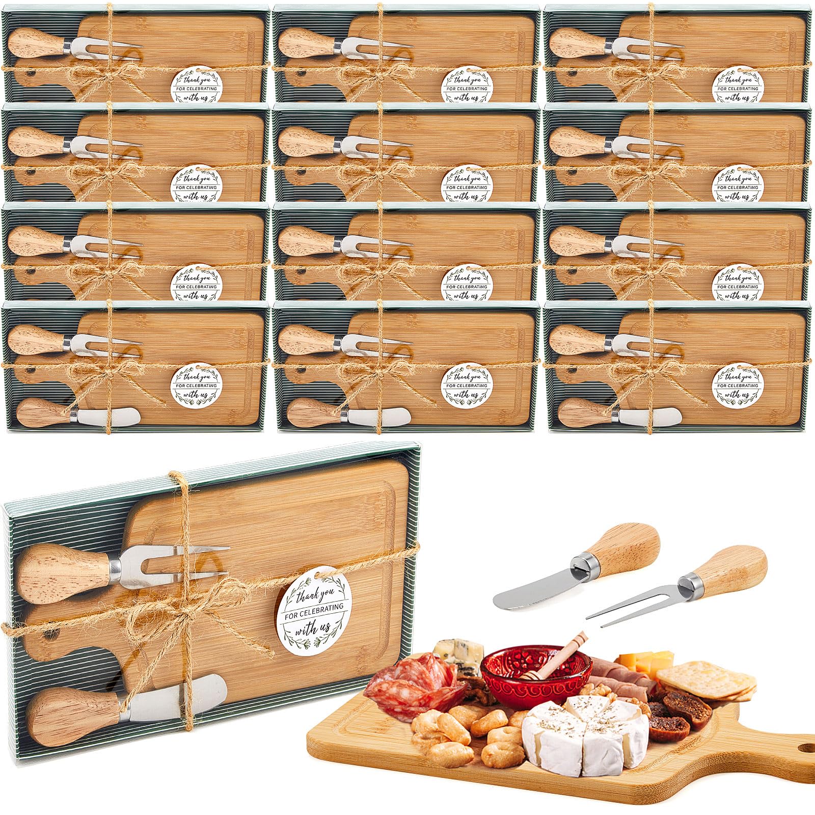 12-Piece Wooden Cheese Board Set with Knives, Forks & Thank You Tags - Elegant Bridal Shower Party Favors, Housewarming & Baby Shower Gifts (Bamboo) - Perfect for Valentine's Day, Anniversary & Hostess Gifts