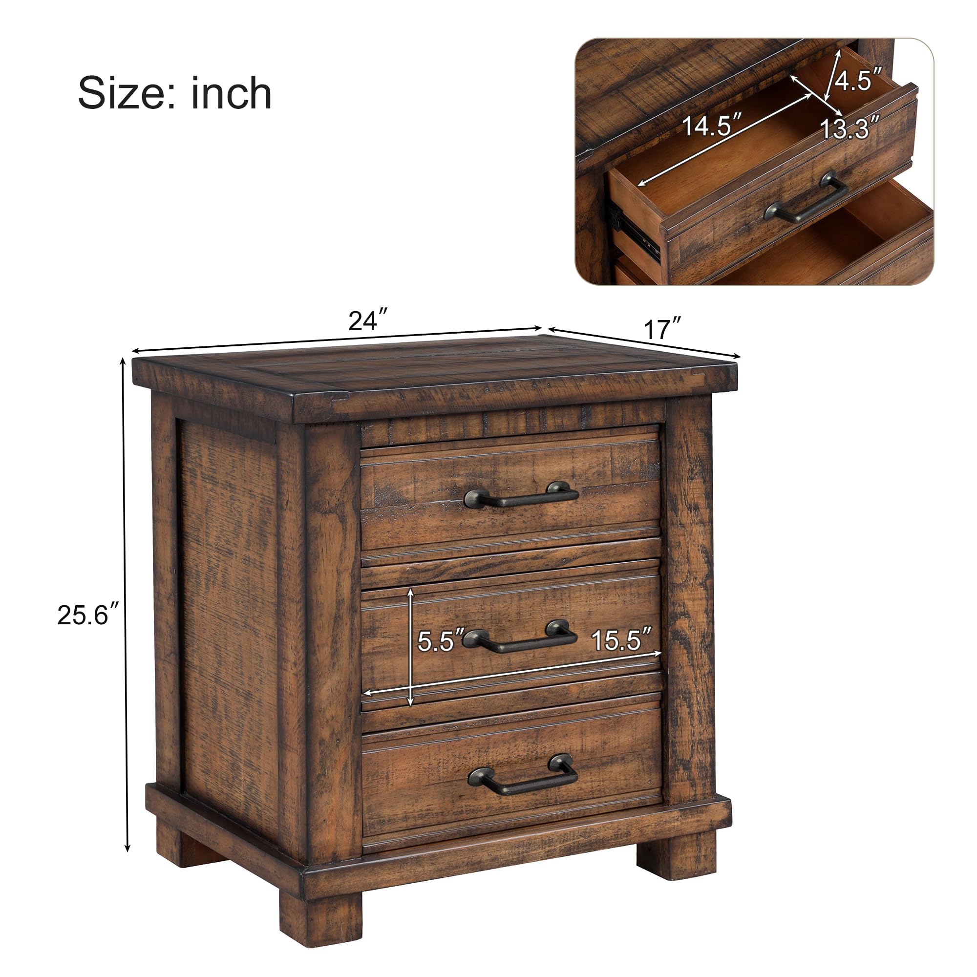 Rustic Reclaimed Pine Wood Nightstand with 3 Storage Drawers - Full Extension Drawer Slides & Antiqued Zinc Pulls - Bedside Table for Bedroom, Living Room, Guest Room - Perfect for Small Spaces & Home Decor