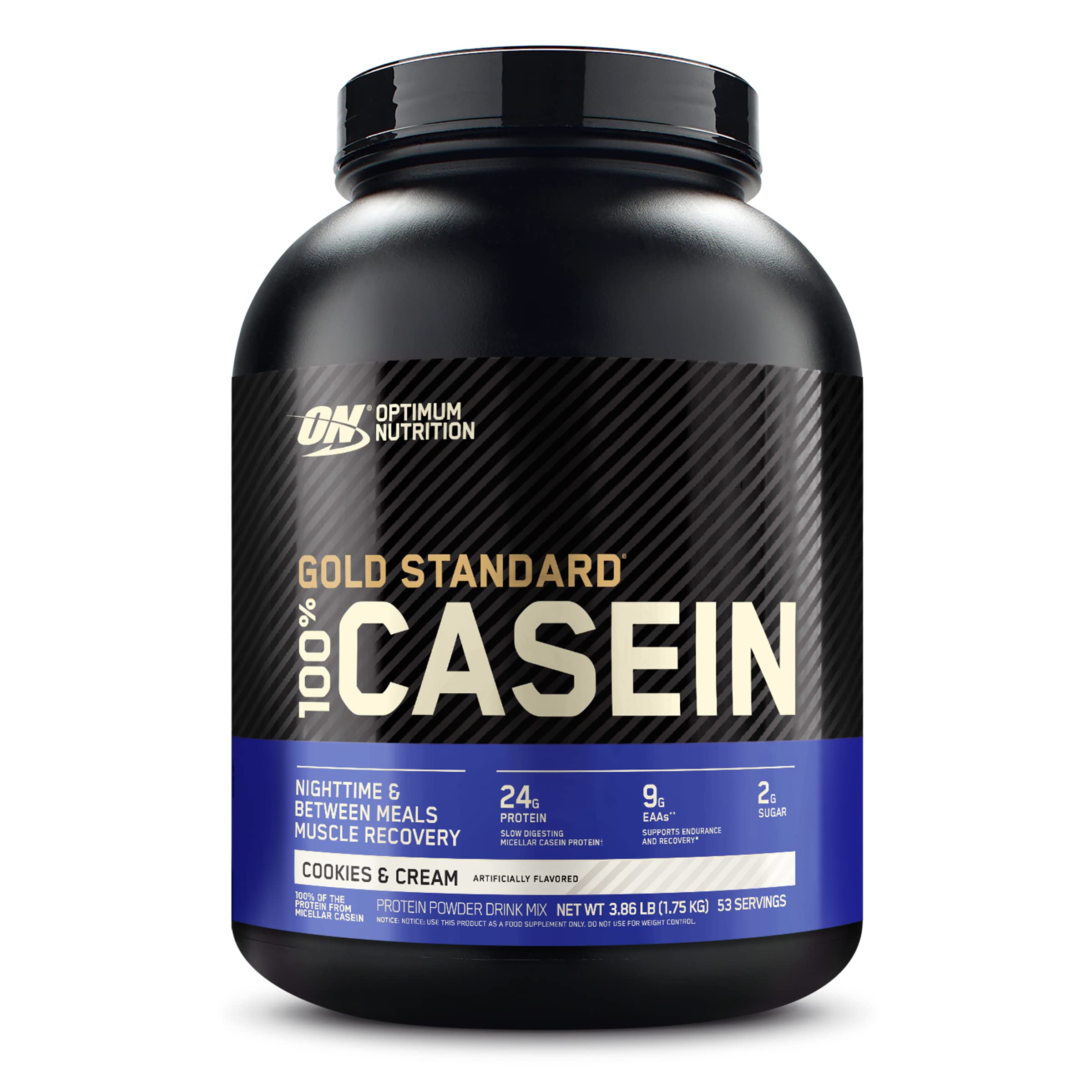 Optimum Nutrition Casein Protein Powder - Cookies & Cream Flavor, 4 lbs (1.81 kg) | Slow-Digesting Protein for Nighttime Recovery & Muscle Growth | Ideal for Post-Workout, Bedtime & Between Meals