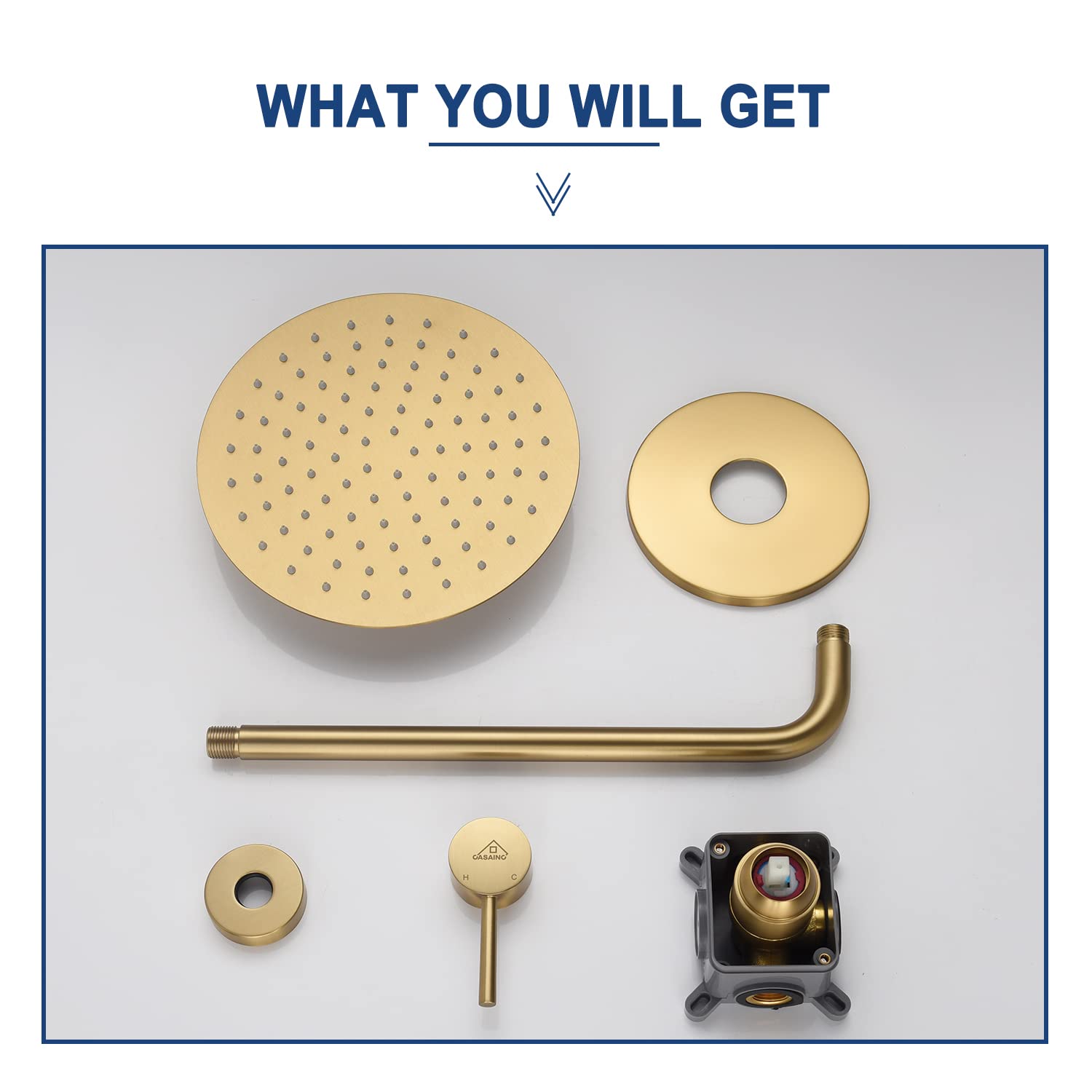 CASAINC 10 Inch Round Rainfall Shower Head - Single Function Wall Mounted Shower System with Brushed Gold Finish | Perfect for Modern Bathroom & Spa-Like Shower Experience