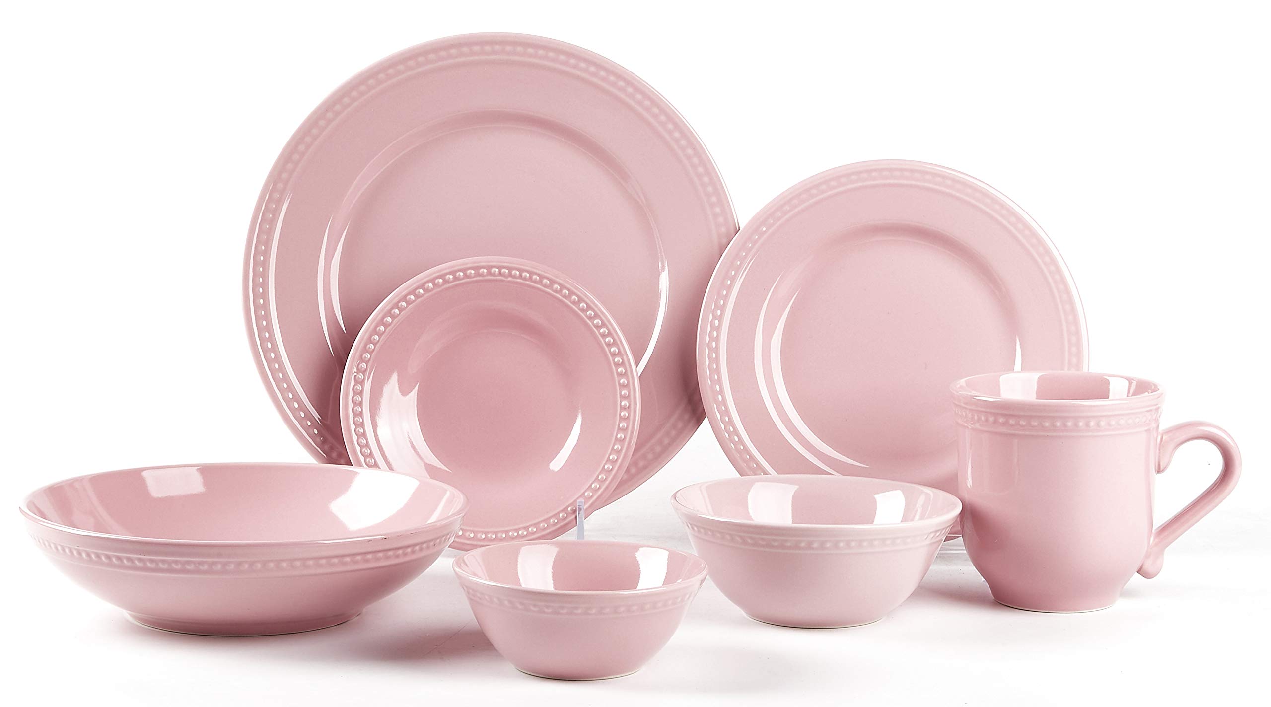 Premium Pearl Dots Stoneware Dinnerware Set - 42 Piece Dinner Set in Elegant Pink | Chip & Scratch Resistant | Perfect for Family Dinners, Holiday Entertaining & Restaurant Use