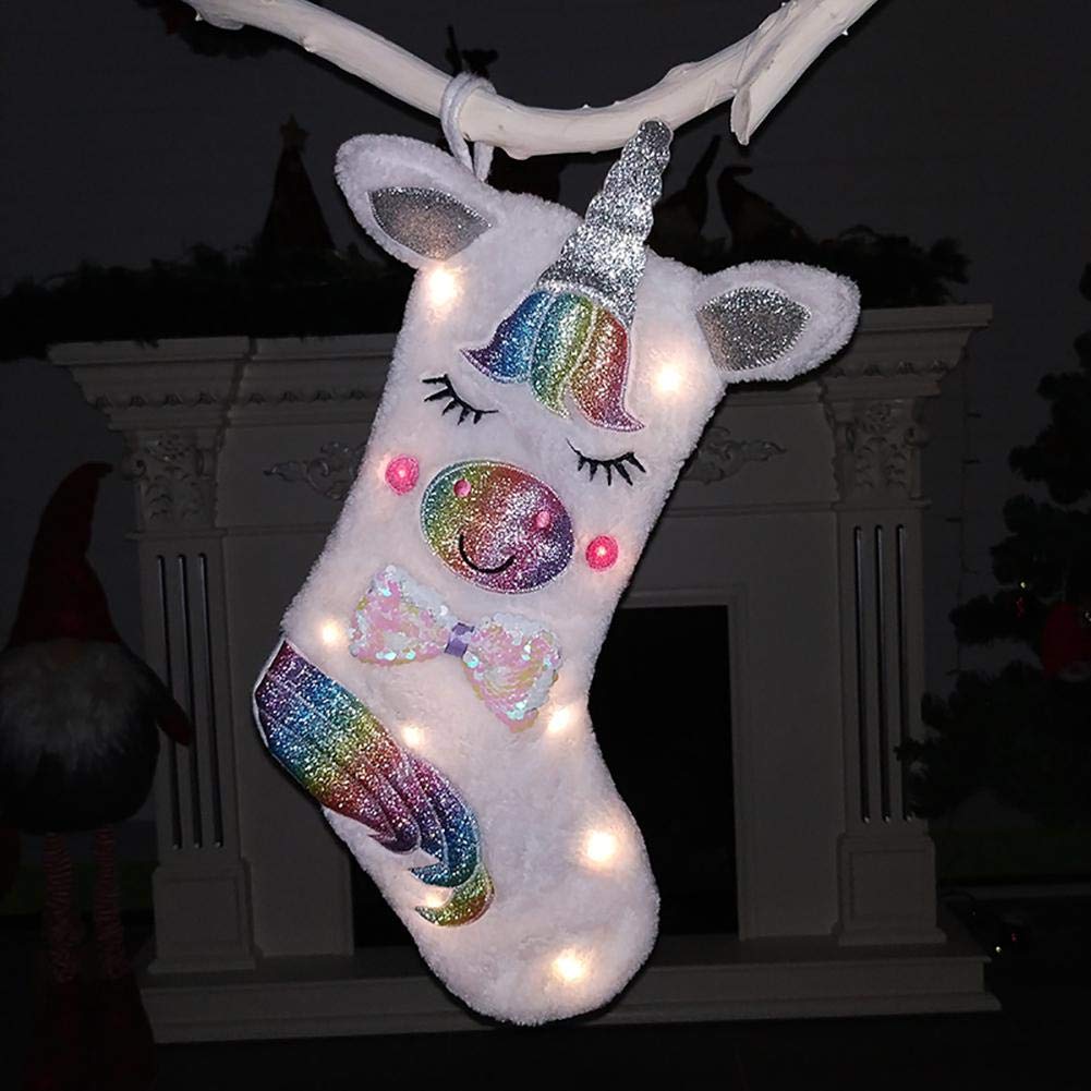 VIGLT LED Unicorn Christmas Stocking for Girls - Glowing Holiday Candy Gift Bag, Xmas Tree Decoration for Bedroom, Fireplace & Party Decor