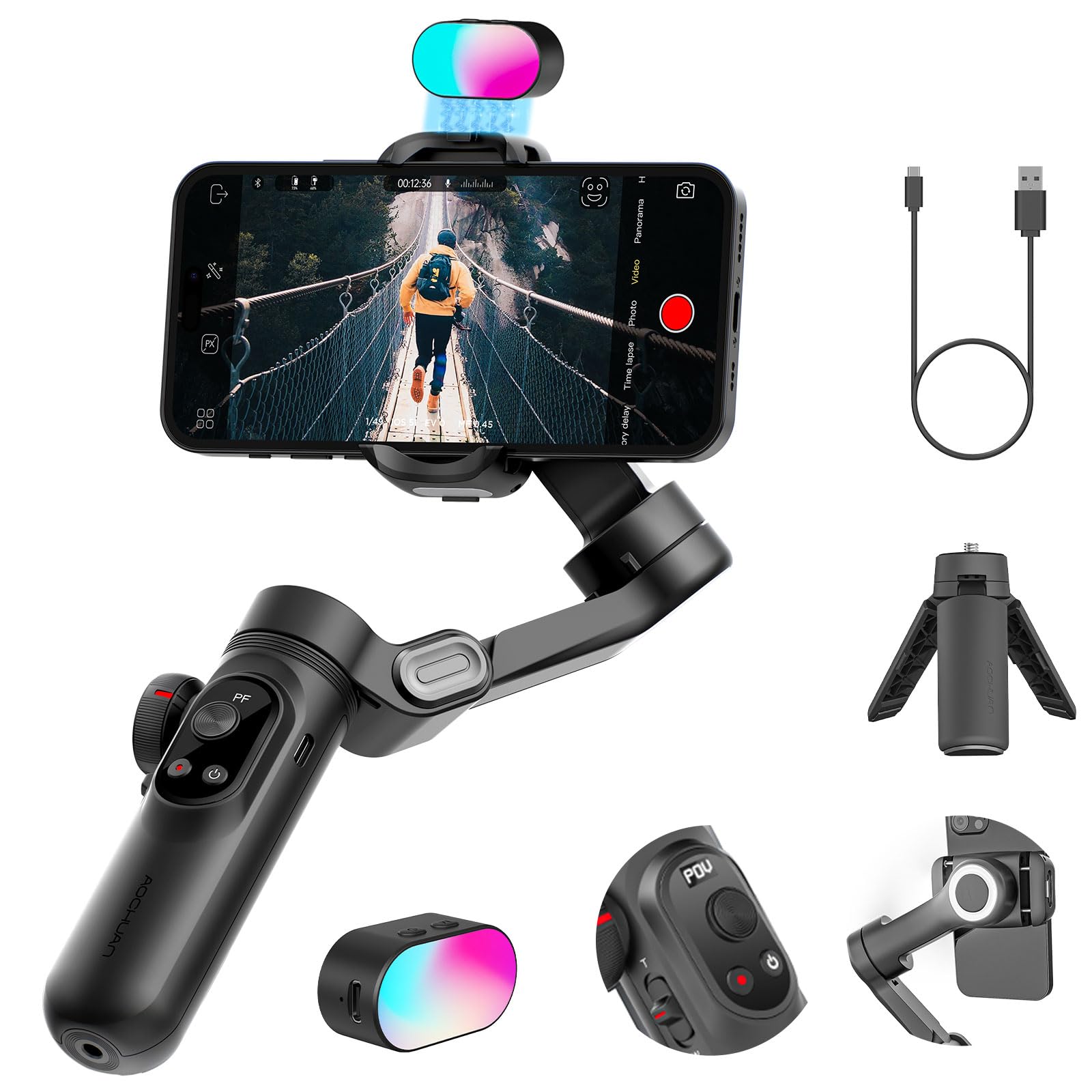 AOCHUAN XPRO KIT Black - Professional 3-Axis Smartphone Gimbal Stabilizer with RGB Magnetic Light & OLED Display for iPhone/Android | Face Tracking, Gesture Control | Perfect for Vlogging, Live Streaming & Content Creation