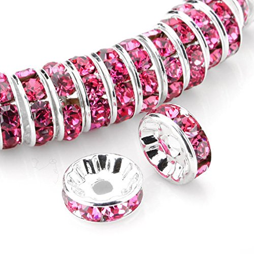200pcs AAA Grade Rhinestone Rondelle Spacer Beads - 10mm (0.39 Inch) Rose Pink Crystal Silver Plated Brass Beads for DIY Jewelry Making, Crafting, Bracelets & Necklaces - Perfect for Wedding, Party & Fashion Accessories