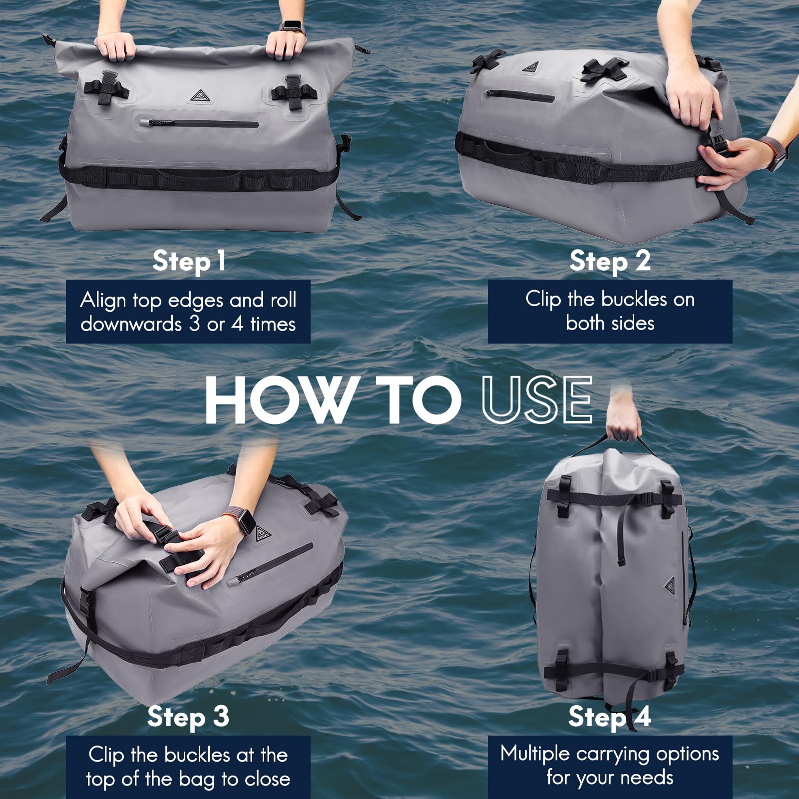 Haimont 60L Waterproof Roll-Top Duffle Backpack - Heavy Duty Dry Bag for Boating, Kayaking, Camping, Travel & Motorcycle - Ideal for Outdoor Adventures, Beach Trips and Water Sports Gear Storage