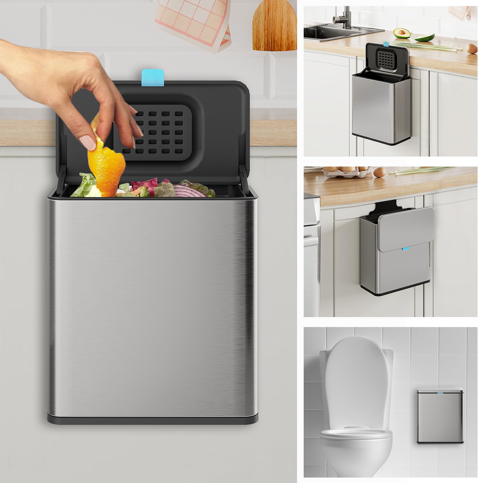 Stainless Steel Hanging Trash Can with Lid & Inner Bucket - 2 Gallon Kitchen Compost Bin for Countertop, Under Sink or Wall Mount - Small Garbage Can for Cupboard, Bathroom, Bedroom & RV - Perfect for Waste Disposal in Compact Spaces