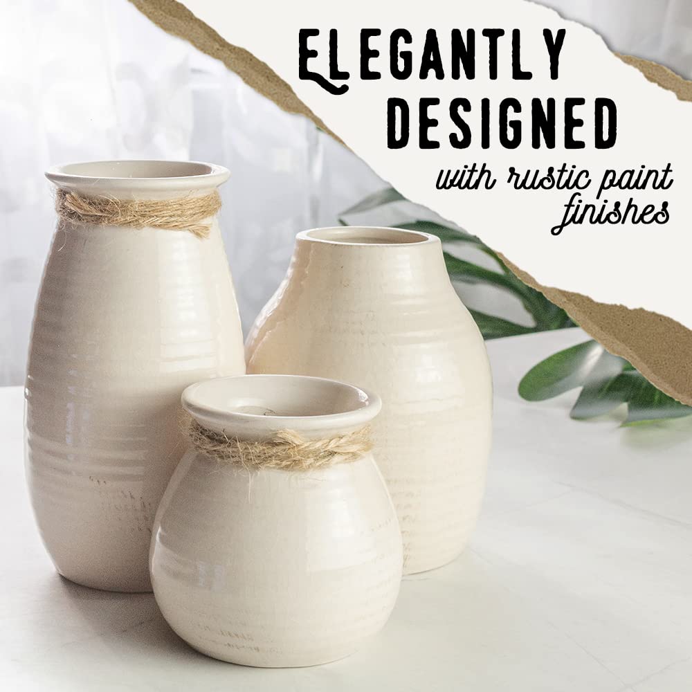 White Ceramic Vase Set of 3 - Rustic Farmhouse Decor for Living Room, Fireplace & Home | Modern Flower Vases for Centerpieces, Wedding Decor & Housewarming Gifts