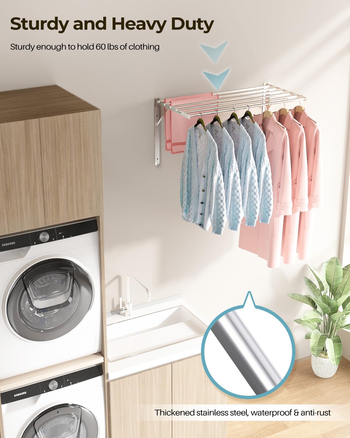 JAUREE Foldable Wall Mounted Clothes Drying Rack - 6 Stainless Steel Rods for Space Saving Laundry