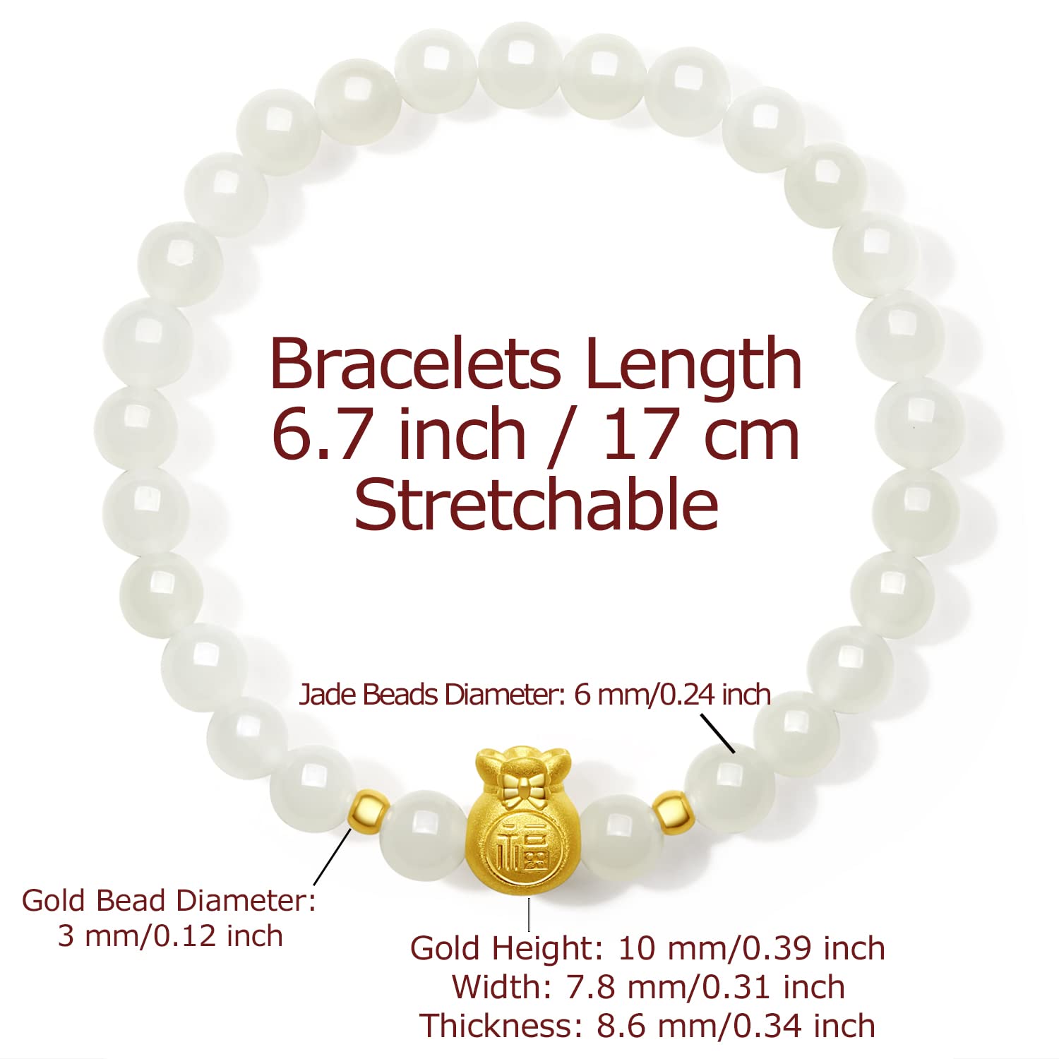 24K Solid Gold Bracelet for Women & Men - Real Pure Gold Jewelry with Fortune Bag Gourd Charm & White Jade Beads - Elegant Unisex Gift for Teen Girls, Birthday, Anniversary - Perfect for Daily Wear, Special Occasions & Wealth Attraction