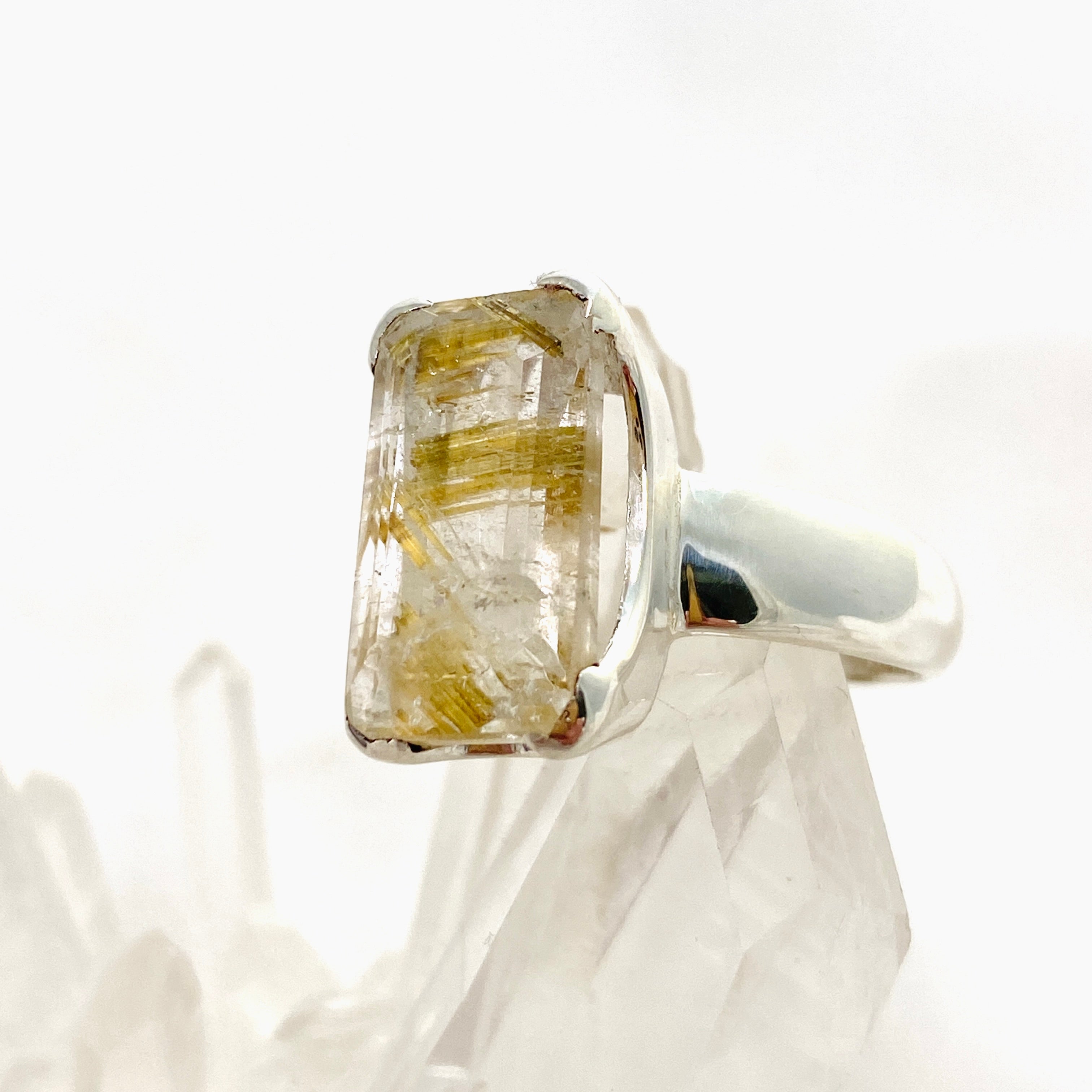 Rutilated Quartz Faceted Rectangular Ring Size 8 - Elegant Gold Jewelry for Women, Perfect for Weddings & Special Occasions
