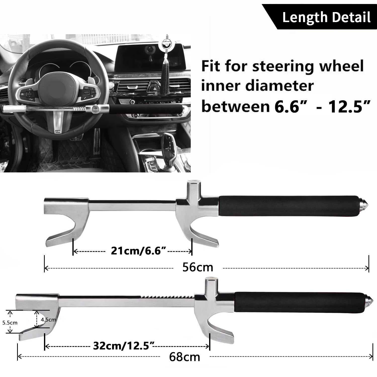 Tevlaphee Universal Steering Wheel Lock - Anti-Theft Car Security Device with Adjustable Double Hook, Emergency Hammer & Window Breaker for Self Defense - Heavy Duty Vehicle Protection (Black) | Ideal for Parking Security & Roadside Emergencies