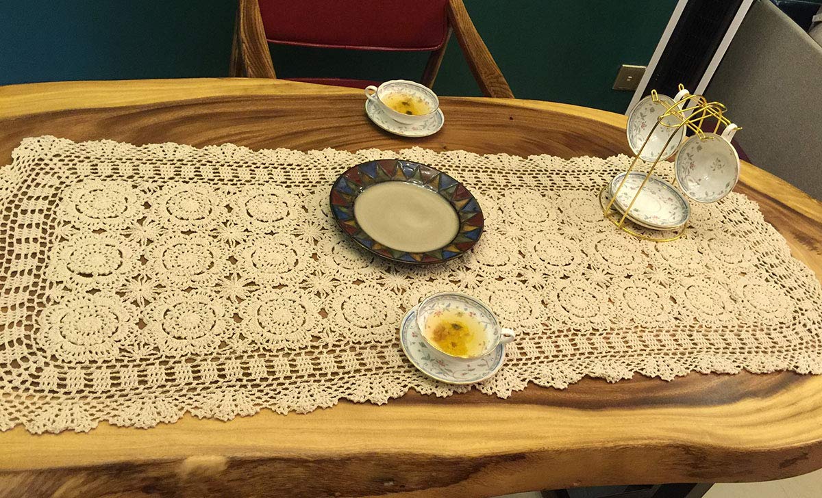 Handmade Beige Crochet Cotton Table Runner - 20x47 Inches Lace Doily for Dining Table, Dresser, or Wedding Decor - Elegant Home Decor & Gift Idea