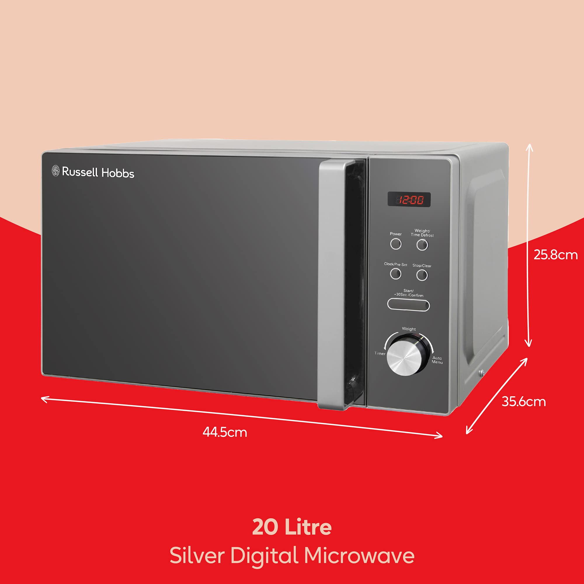 Russell Hobbs RHM2076S 800W Compact Microwave Oven - 20L Capacity, Silver - Perfect for Small Kitchens, Dorms & Offices