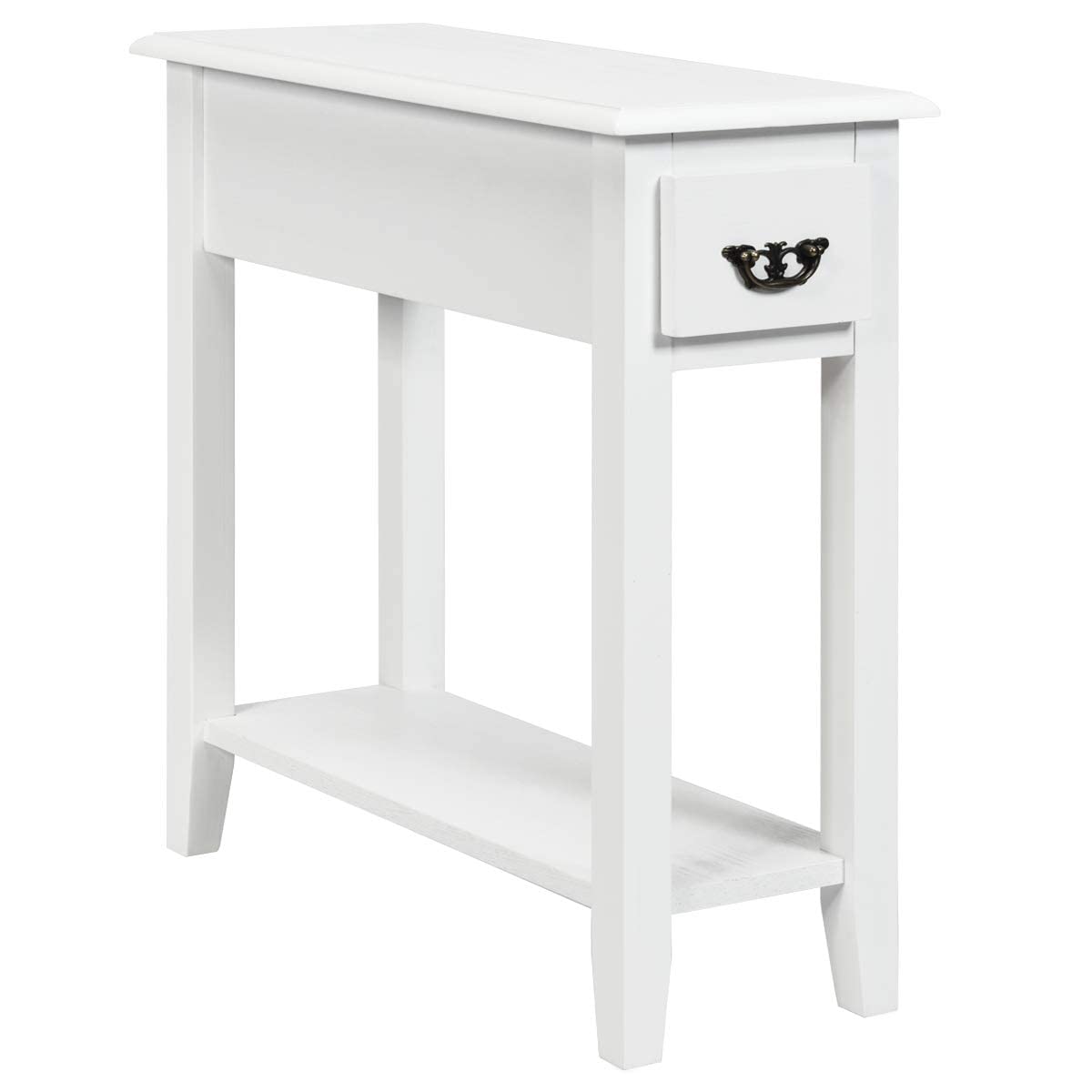Tangkula Narrow End Table with Drawer & Open Shelf - Slim Side Table for Small Spaces, White Nightstand for Bedroom & Living Room - 9.8