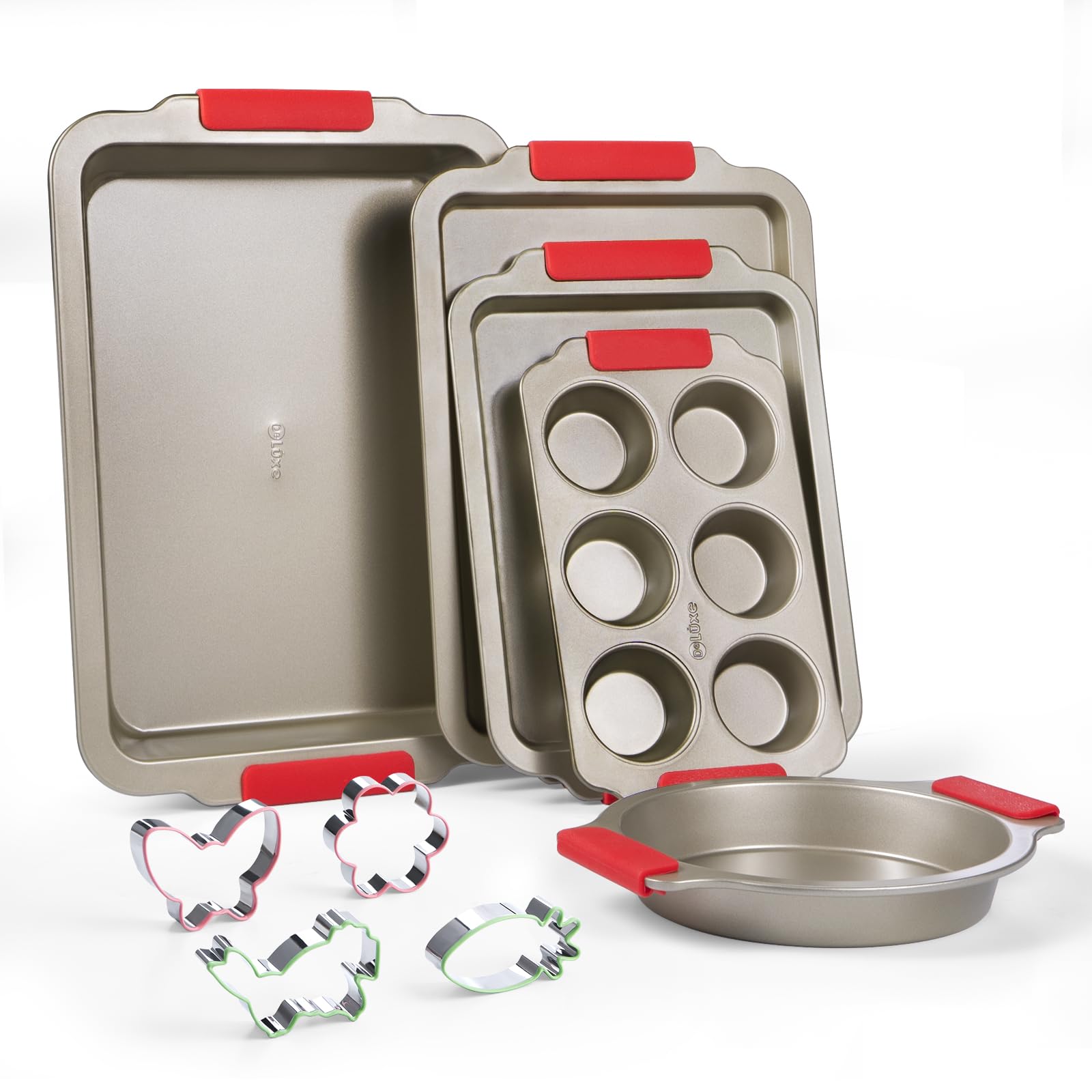 Premium 9-Piece Nonstick Bakeware Set - Cookie Sheet, Cake Pans, Muffin Pan, Roasting Pan & Cookie Cutters with Ergonomic Handles | Perfect for Baking Cookies, Cakes, Cupcakes & Holiday Roasts - Champagne Gold