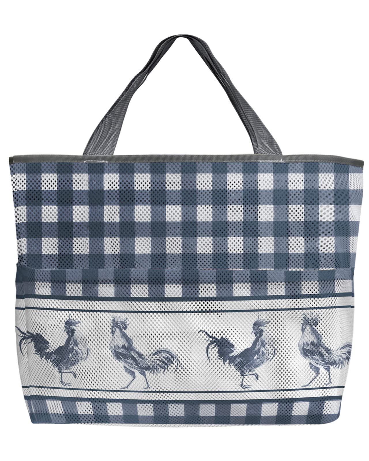 Large Mesh Beach Bag - Farmhouse Rooster Blue Buffalo Plaid Waterproof Sandproof Tote for Women | Lightweight Carryall for Pool, Vacation & Summer Outings
