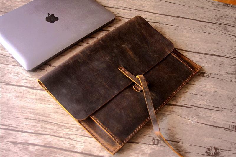Personalized Leather MacBook Air 13 Inch Case Sleeve - Custom Monogram Laptop Cover for Work, Travel & School Protection