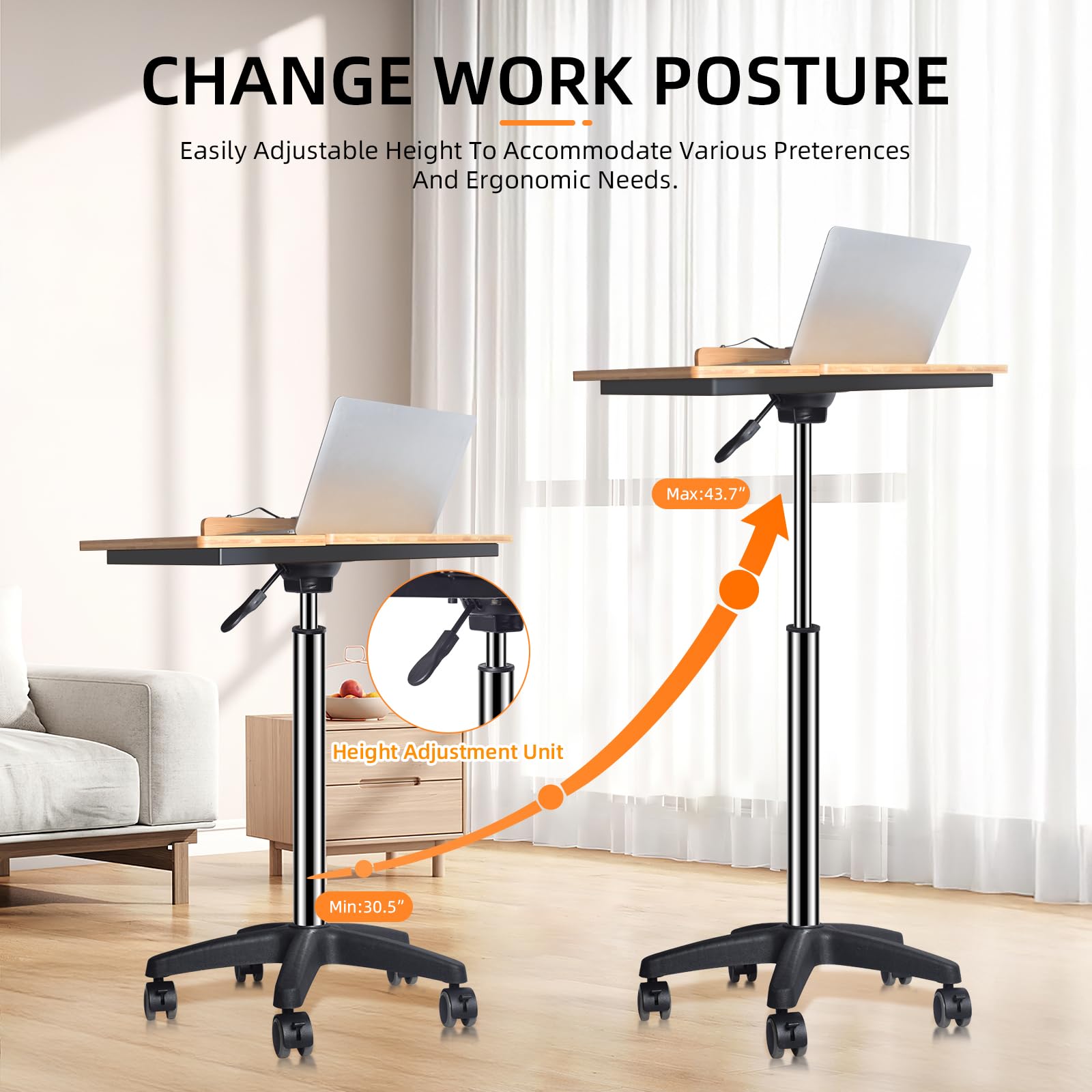 Wishacc Adjustable Rolling Podium Stand - Over Bed Table & Laptop Workstation with Wheels (30.5-43.7 inches) | Perfect for Home Office, Hospital Bed & Classroom Presentations