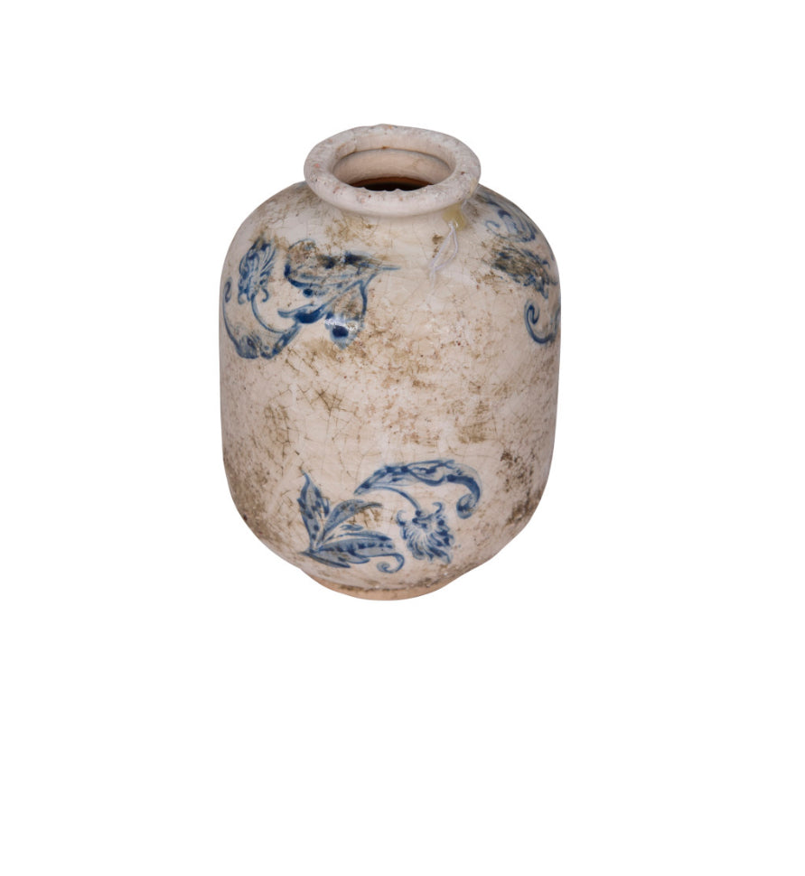 Antique Style Cream & Blue Terracotta Transferware Vase - Floral Narrow Vase for Home Decor, Farmhouse Table Centerpiece, Wedding Floral Arrangement, Rustic Shelf Display