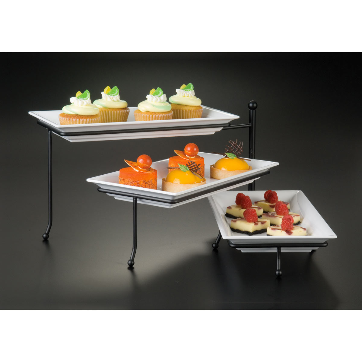 American Metalcraft TTRSMEL3 3-Tier Rectangular Display Stand Set with Melamine Bowls - Perfect for Bakery, Deli, and Retail Food Display